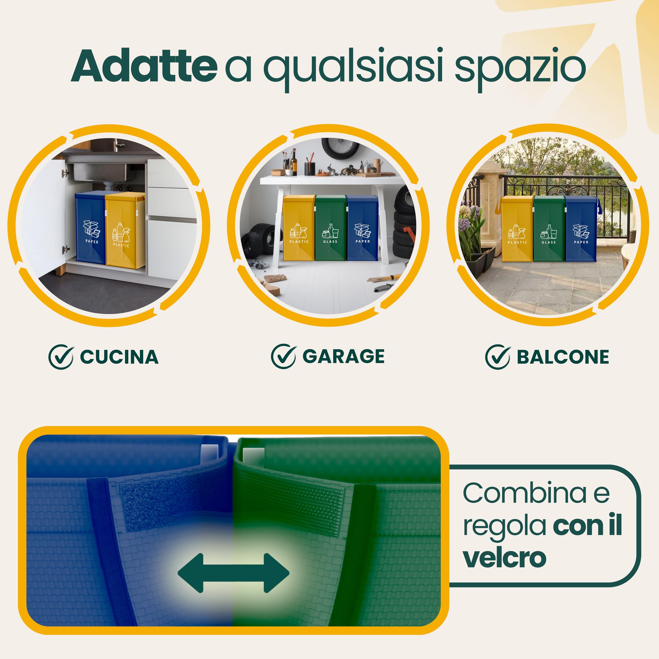 Borse per raccolta differenziata 40L – Set 3 buste raccolta differenziata per plastica, carta e vetro – Sacchi differenziata colorati con maniglia – Sacchetti e borse differenziata per casa