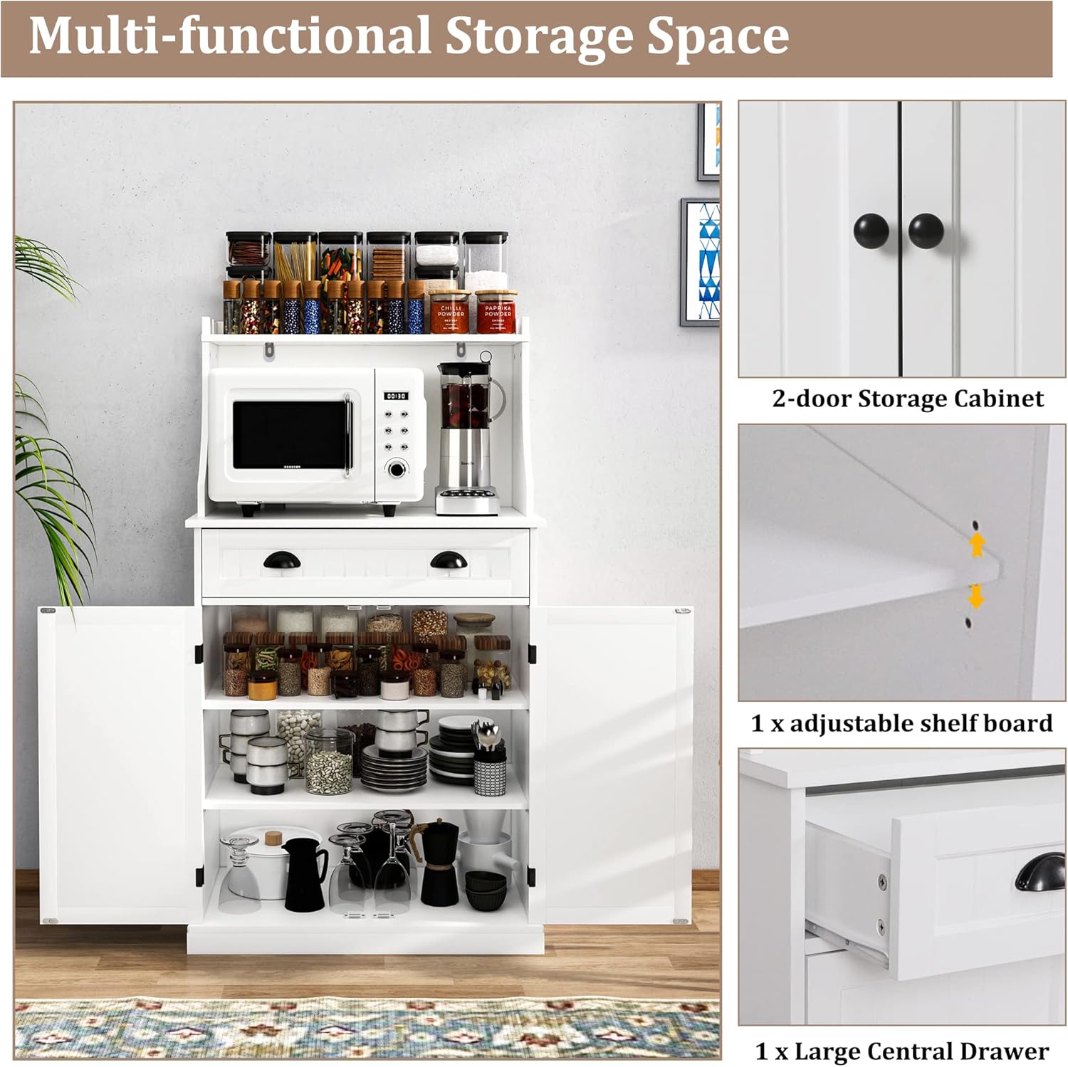 HLR 54" Kitchen Pantry Storage Cabinet with Drawer and Adjustable Shelves, Microwave Oven Cabinet with Doors for Kitchen, Bathroom or Hallway,White