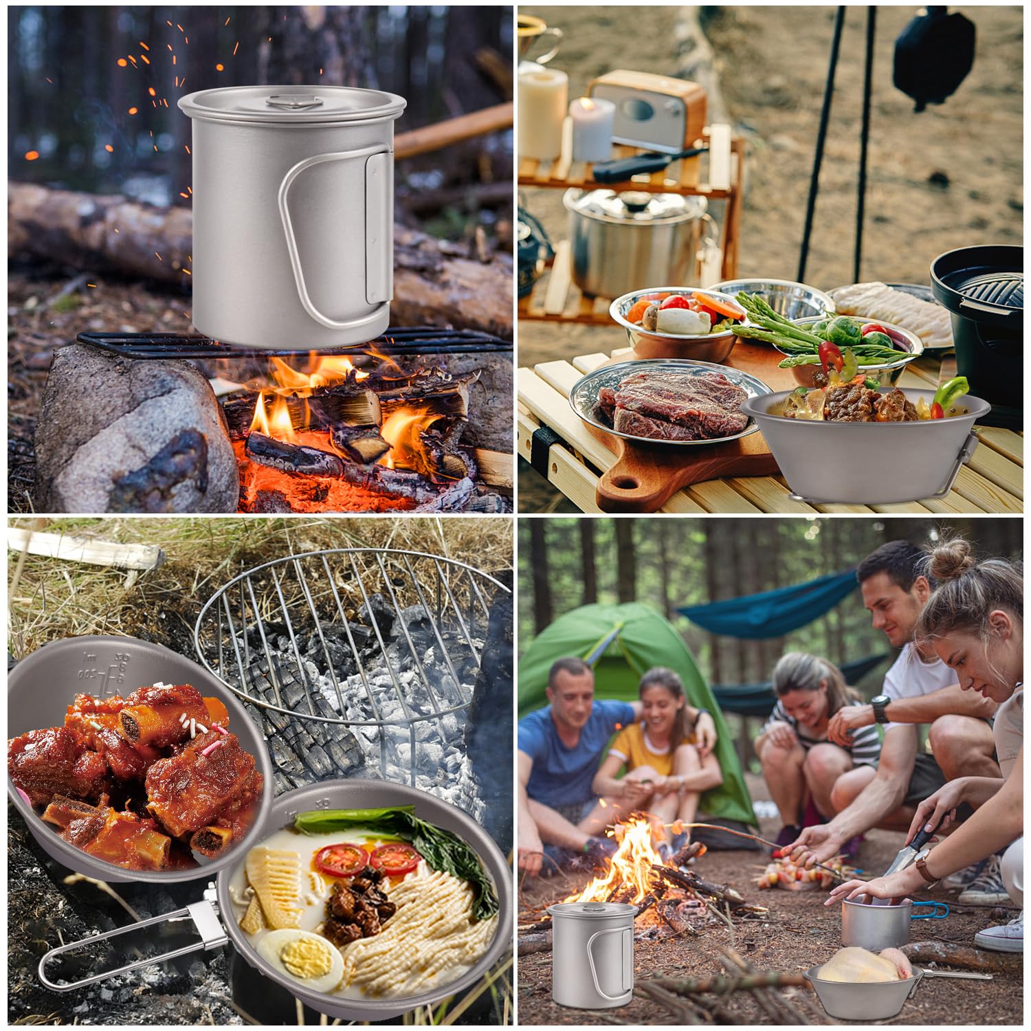 Camping Kochgeschirr, Tragbar Camping Besteck Titan Tasse Schüssel Spork, 3 Stück Set Geschirr Outdoor Kaffeetasse Becher Picknick Set Faltbar für Camping im Freien, Wandern