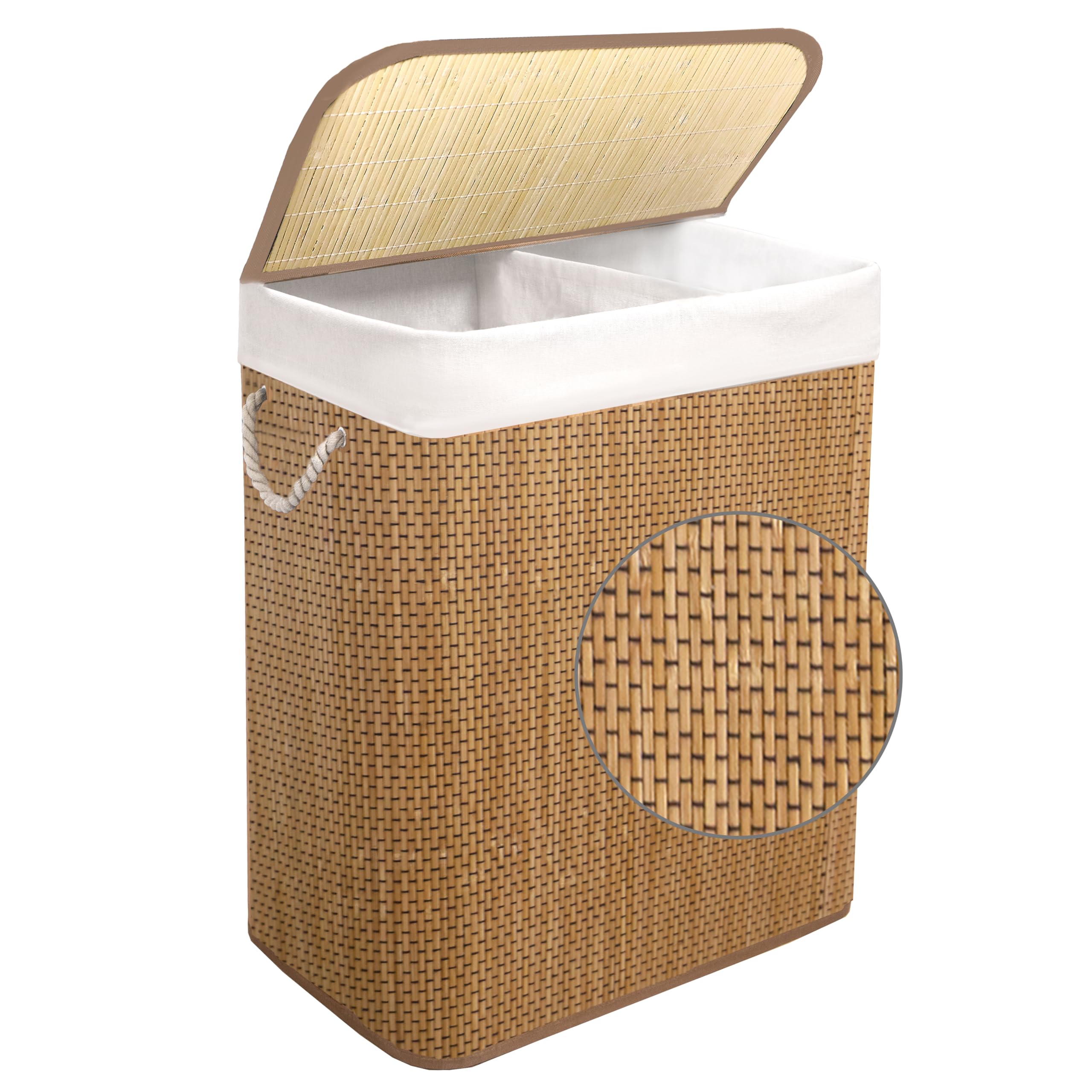 Knight Bamboo Laundry Hamper 105L Micro Weave Laundry Hamper - Dual Compartment Basket, Removable & Washable Liner, Foldable, Natural, for Bedroom & Bathroom(105L)