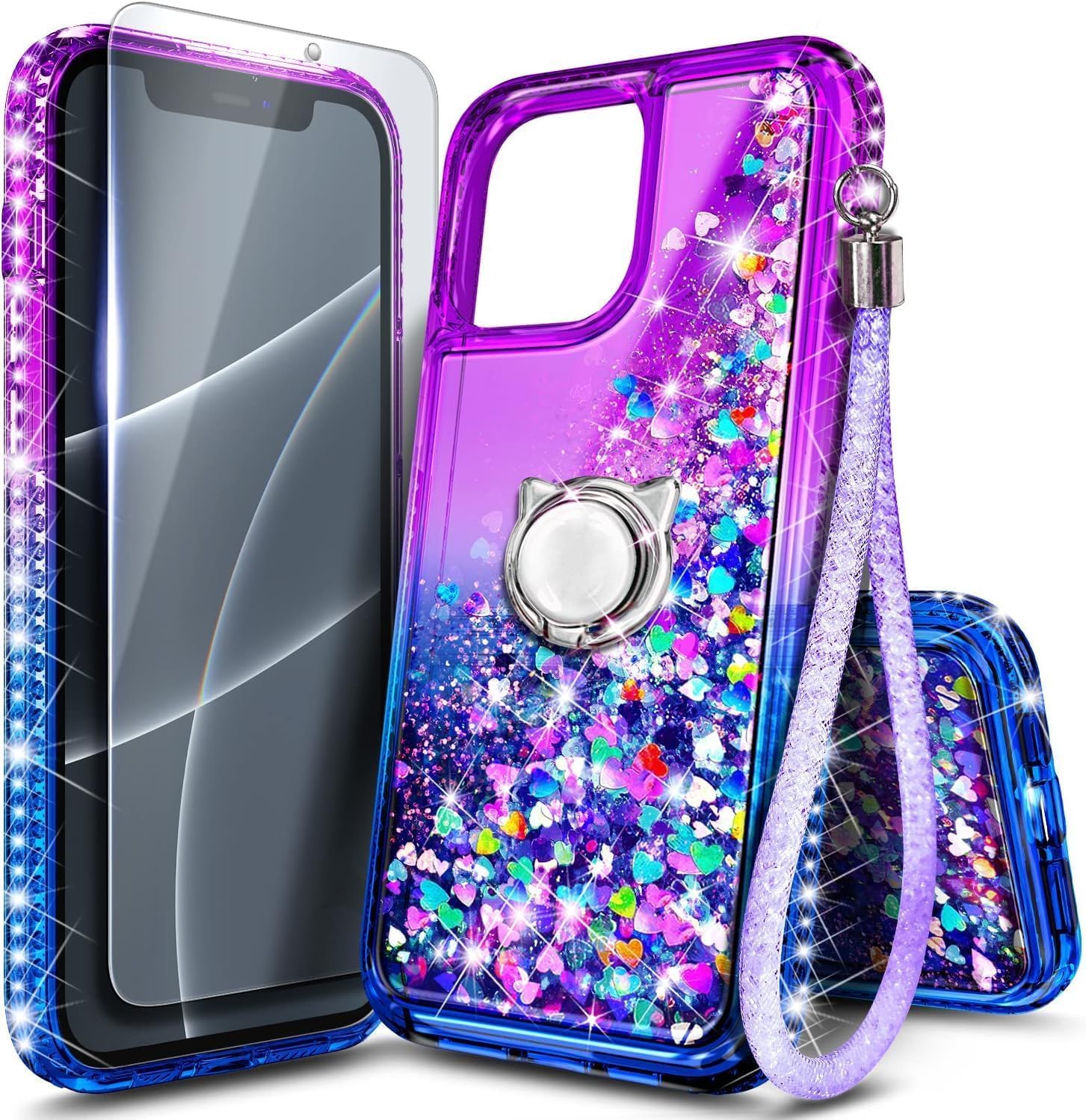 NGB Designed for iPhone 13 Pro-Max Case, Purple/Blue | Glitter Liquid Sparkle Cute Cover for Women Girls Kids | with Tempered Glass Screen Protector &