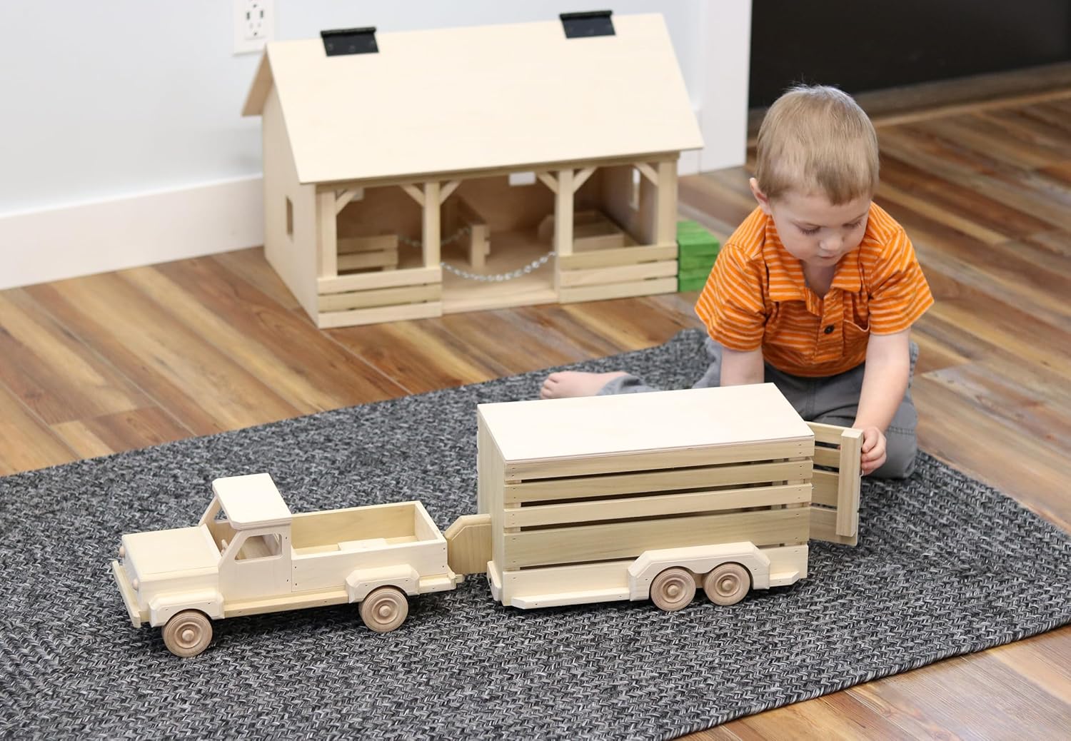 Wooden Toy Pickup Truck & Horse Trailer Set by AmishToyBox.com