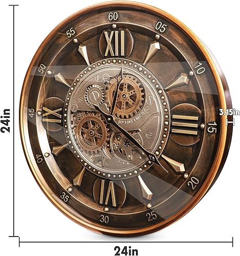 Miniatura 4 de October Elf 24 Inch Wall Clock with Moving Gears Large Industrial Steampunk Metal Clock Antique Gold Oversized Farmhouse Decor Wall Clock for Living