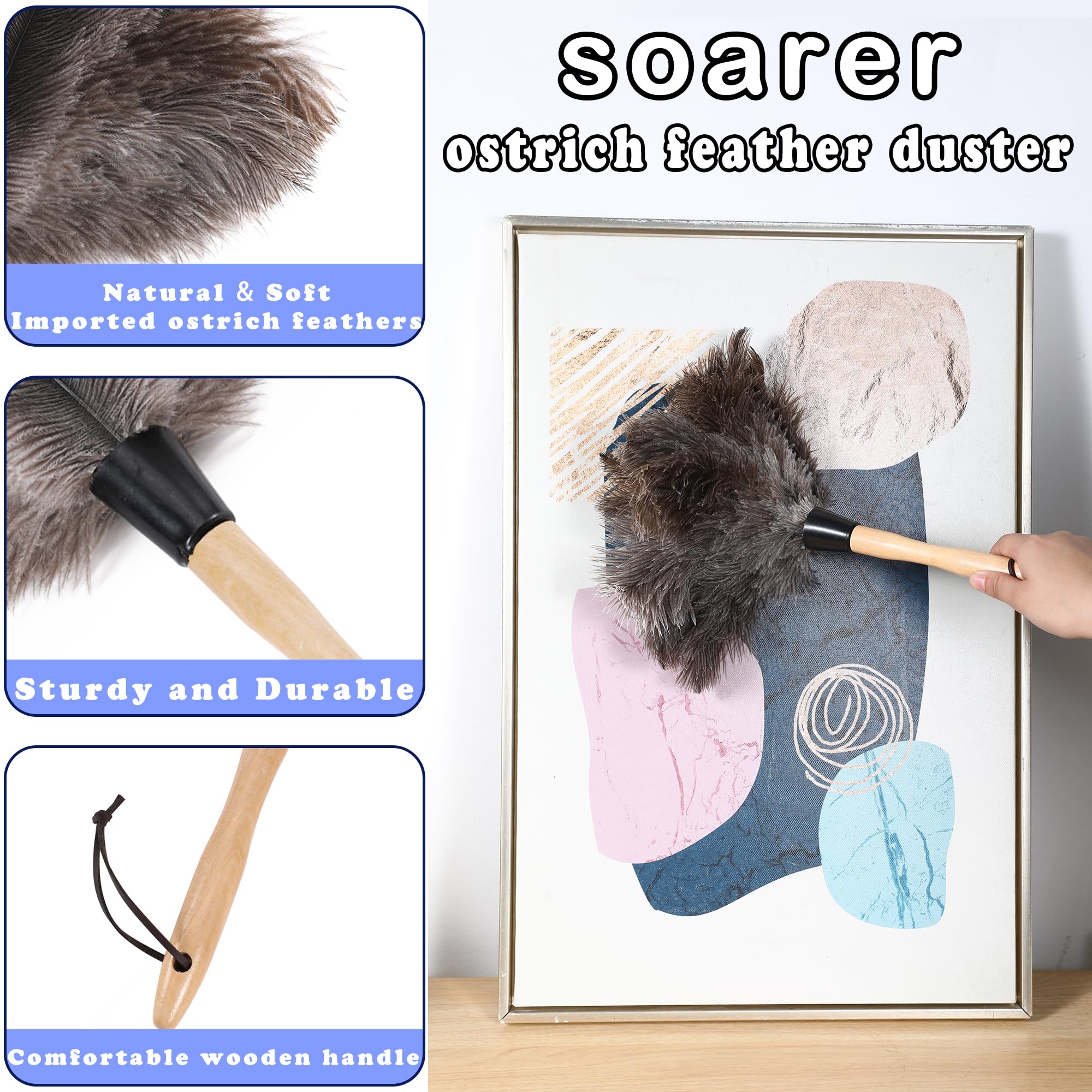 Soarer Miotełka do pchania piór struś 2 sztuki szczotki - 35,56cm | Pył z piór wielokrotnego użytku z drewnianym uchwytem i wentylatorem sufitowym, lampą wiszącą, roletami, meblami