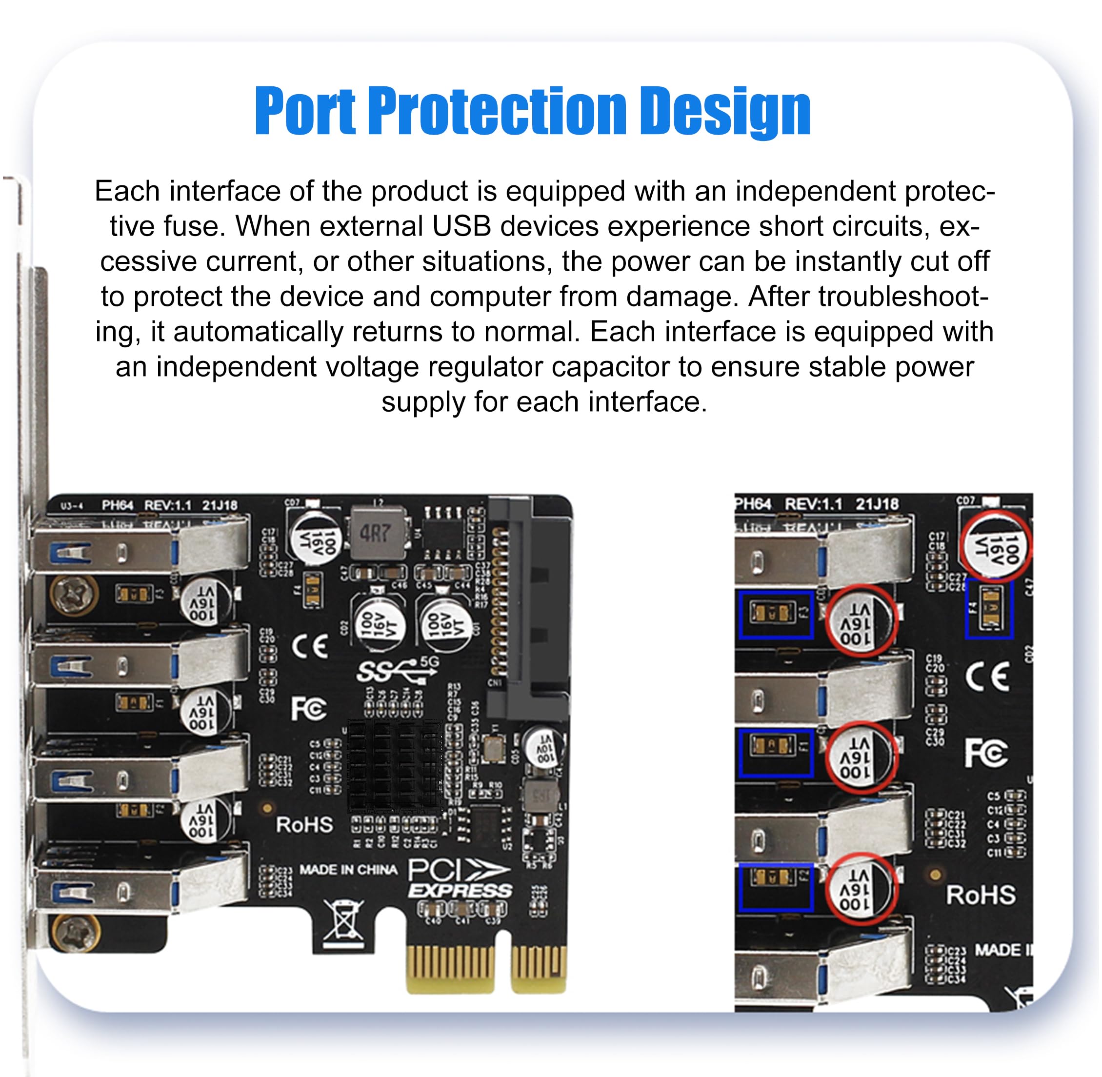 Tarjeta de expansión USB PCIe de 4 puertos, USB 3.2 Gen 1 (5 Gbps), controlador de adaptador de concentrador interno para Windows 11/10/8.1/7/Vista/XP