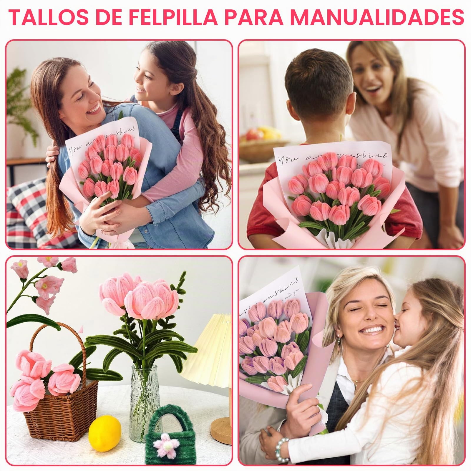 NICKLIN Limpia Pipas para Manualidades,240 Unidades Limpiapipas Chenilla Limpia Pipas Multicolor Tulipanes para Limpiapipas Bricolaje y Decoración(Rosa)