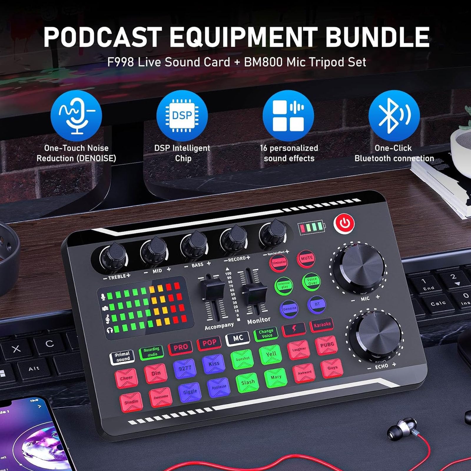 Pacchetto Attrezzatura Podcast F998, Interfaccia Audio E Microfono A Condensatore Bm800 Con Treppiede, Pacchetto Studio Di Registrazione Professionale Per Streaming Li F998 + BM800 Mic Cantilever Set