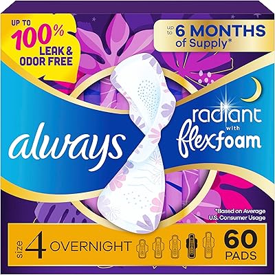 Always Radiant Feminine Pads for Women, Flexfoam Pads with Wings, Size 4, Overnight Absorbency, Lightly Scented, 60 Count 3 Packs of 20