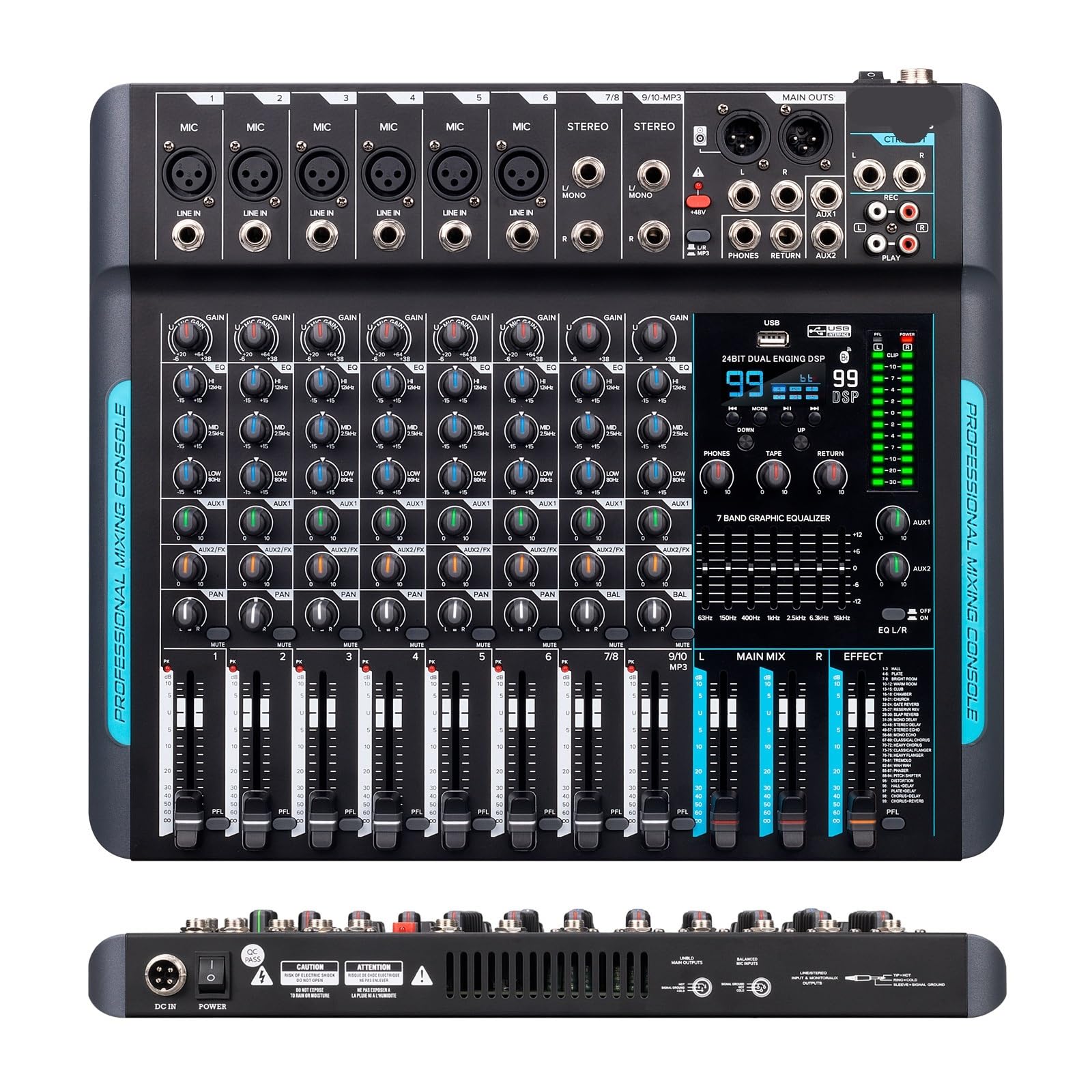 DP-10 Mezclador de audio Controlador DJ Mezclador de grabación de reverberación 99 DSP de 10 canales con Bluetooth,Compatibilidad Universal