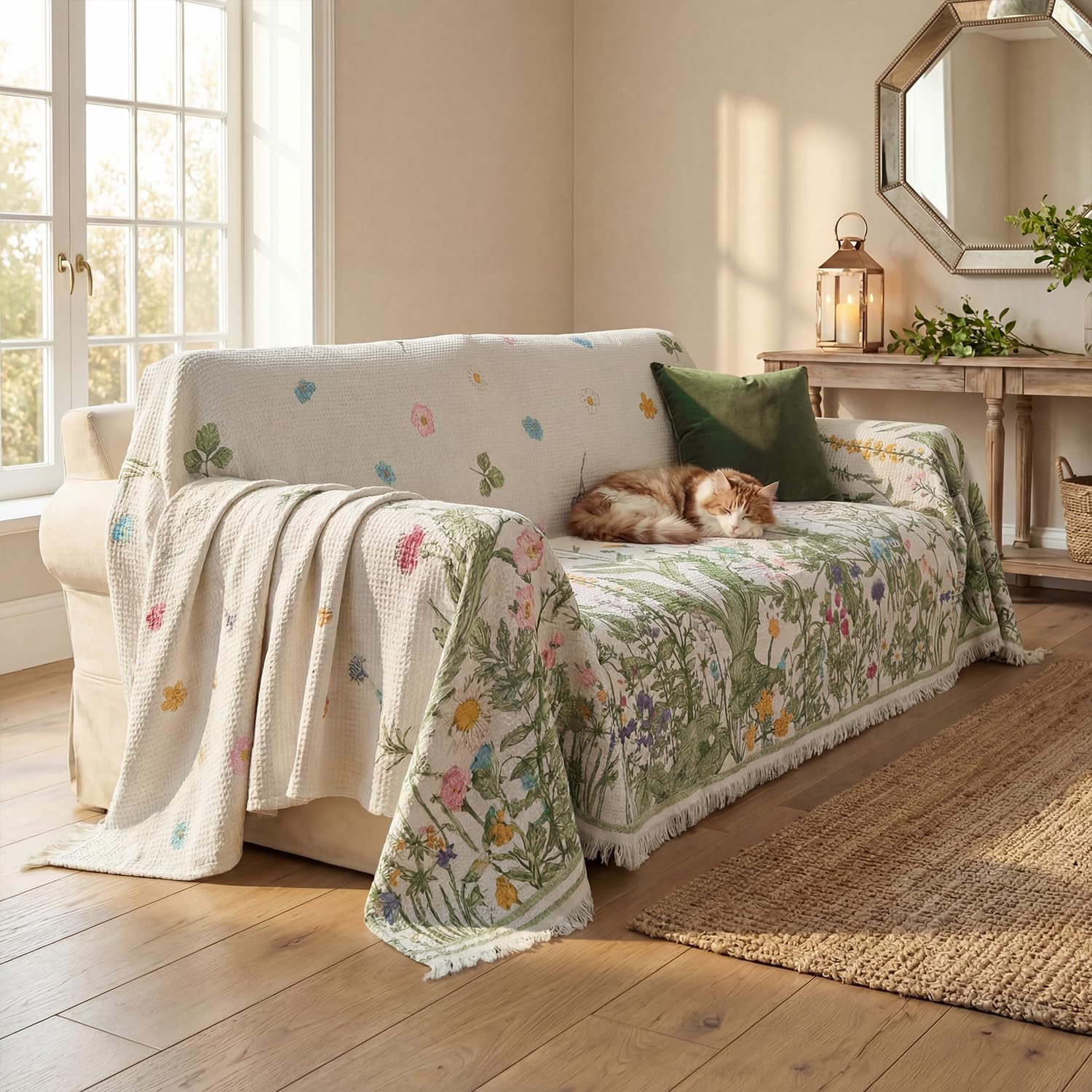 Horaldaily Spring Summer Waffle Couch Sofa Slip Cover, Wild Flowers Floral Non Slip Washable Couch Sofa Cover for 2 Cushion Pet Friendly, Sectional L Shape Covers for Dogs, Kids,71"x118"