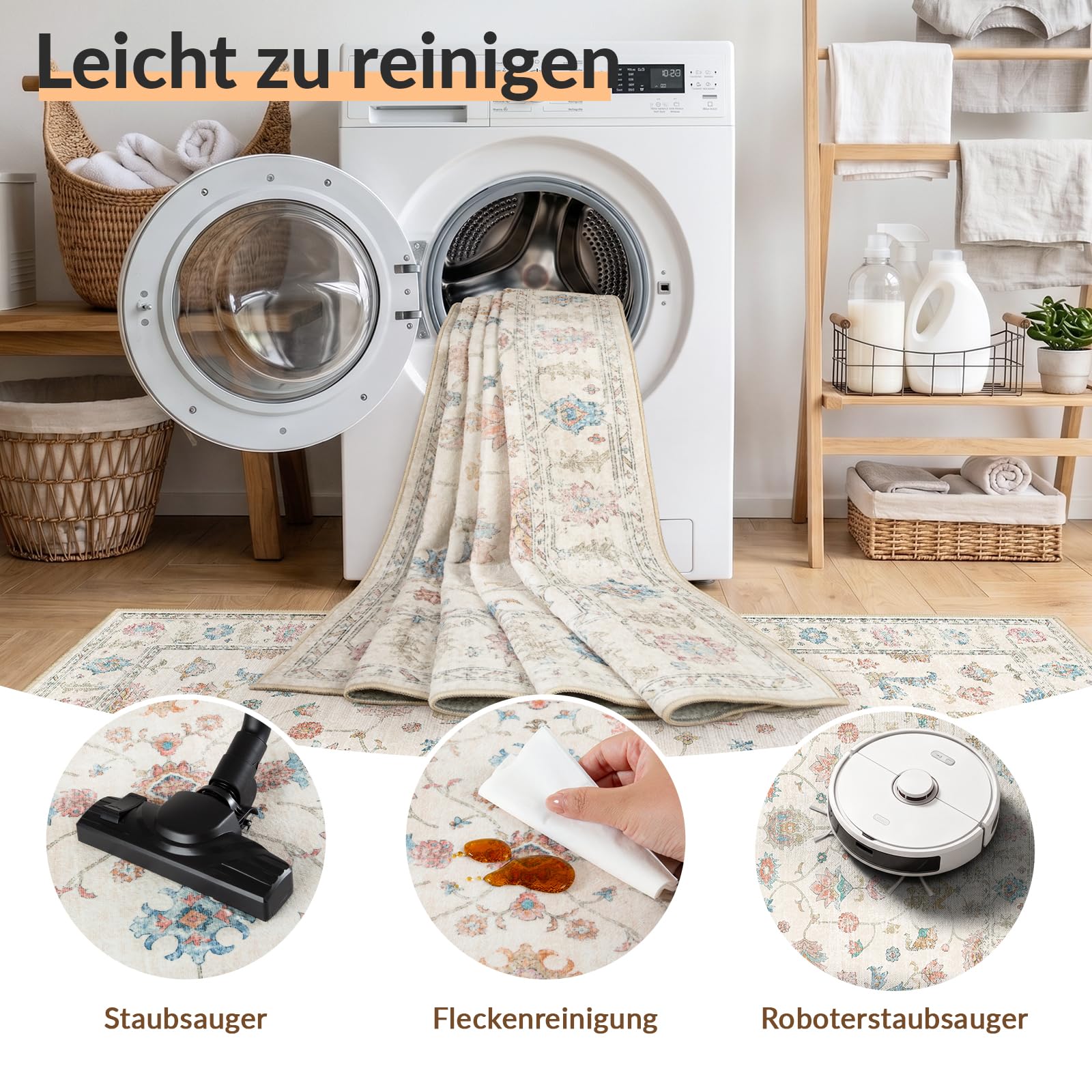 INOVADAY Waschbarer Teppich Boho 200x300 cm Cremeweiß Wohnzimmer Teppich | Schlafzimmer, Küche, Vintage, Eingangshalle, Esszimmer, Diele, Kurzflor, Rutschfest, Flur, Druckmuster, Weich, Pflegeleicht