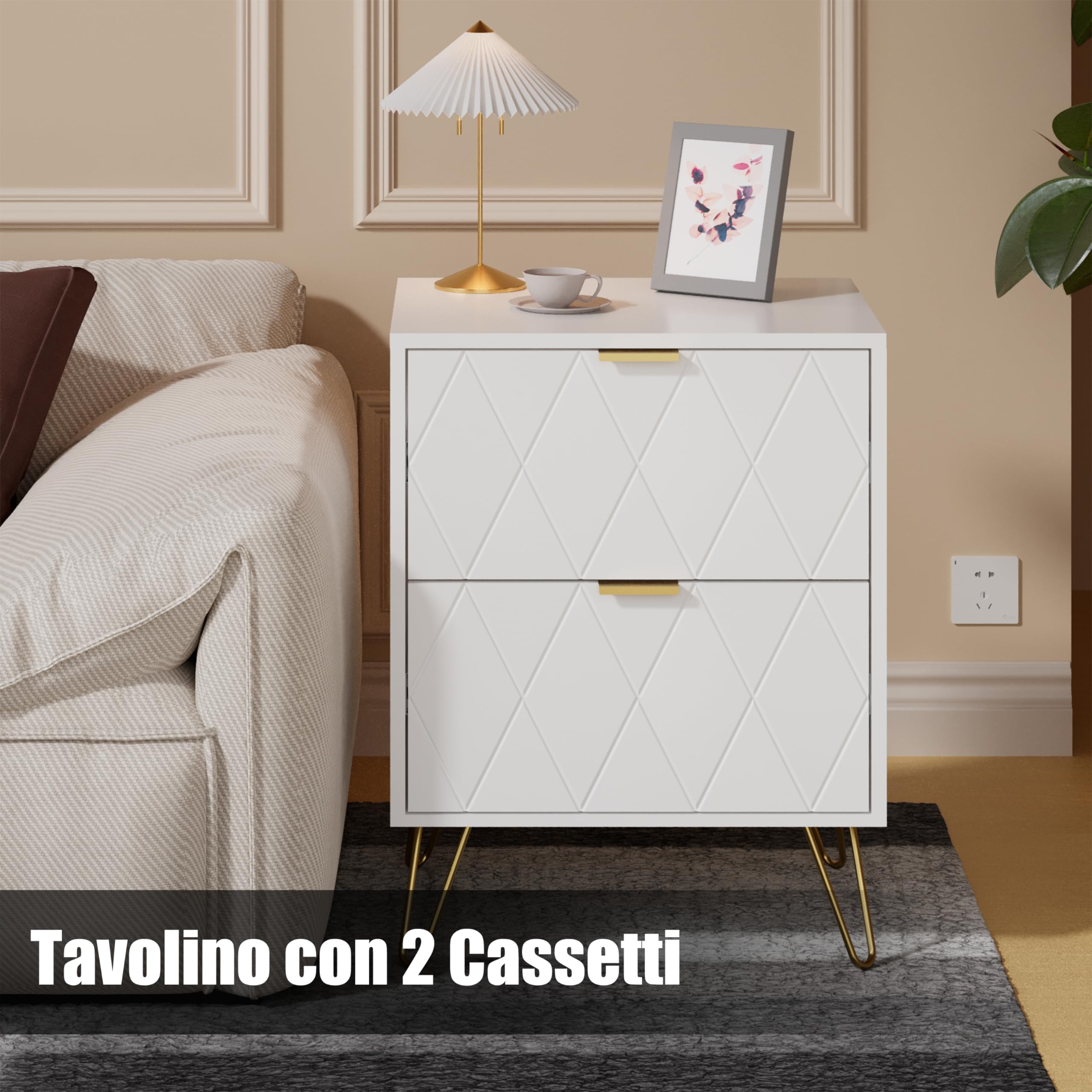 UEV Comodino Bianco Set di 2, Tavolini con 2 Cassetti in Legno ingegnerizzato Robusto, Comodino Piccolo Moderno con Maniglie e Gambe in Oro Cromato per Camera da Lett, 40 x 30 x 52 cm, Bianco