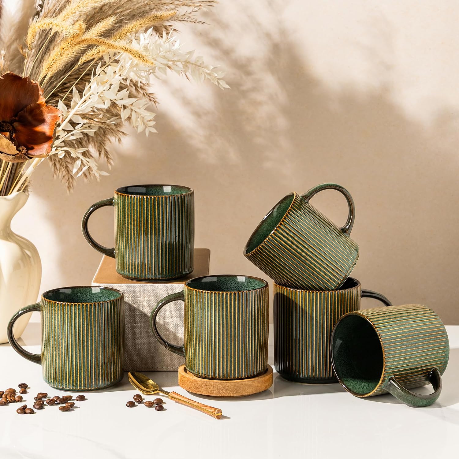 GBhome Ceramic Coffee Mugs Set of 6,12oz Coffee Cups with Handle,Sage Green