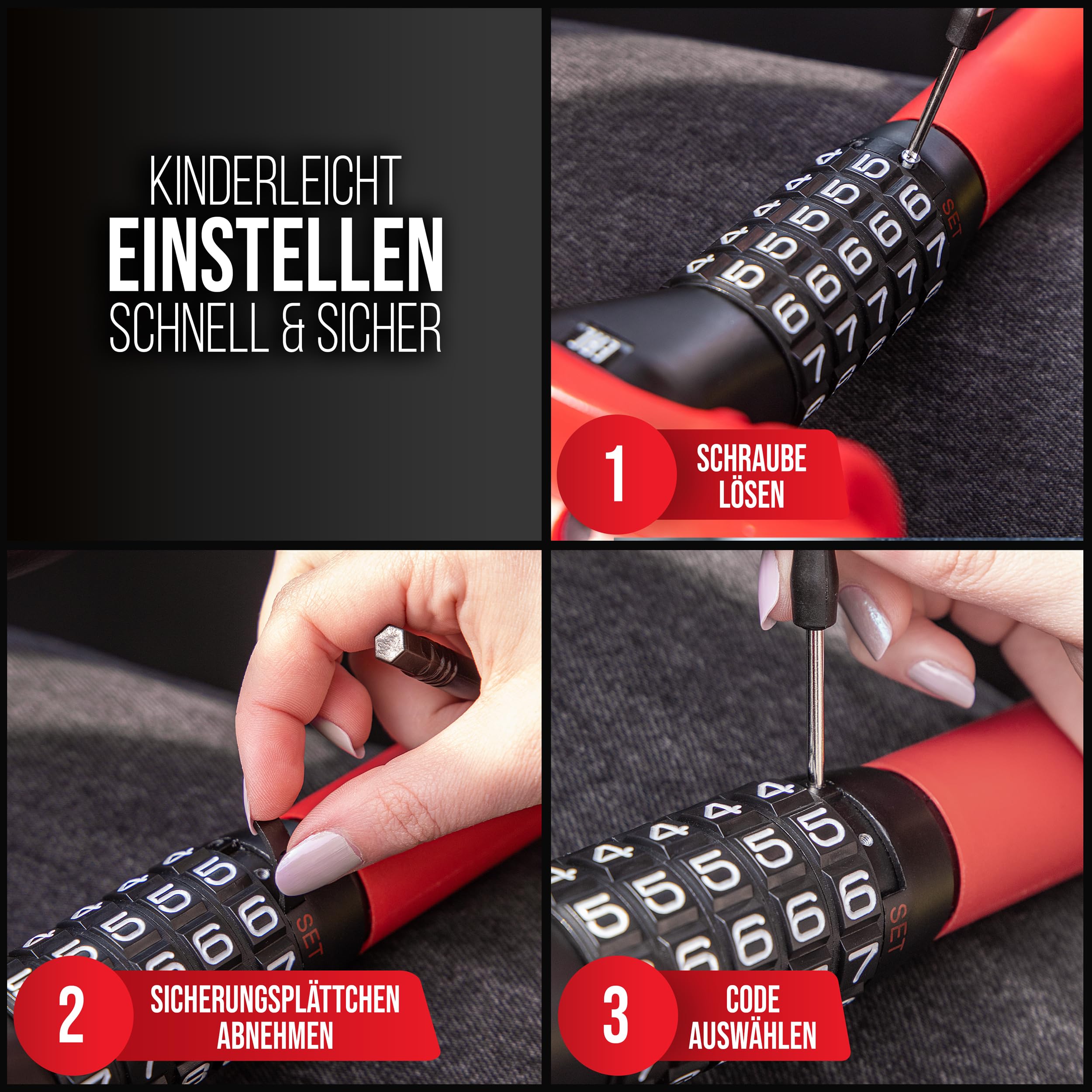 HEYNER Lenkradsperre Auto Diebstahlschutz 5‑stelliges Zahlenschloss verstellbar 35–42 cm rot‑schwarz