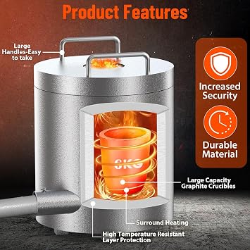 6KG Propane Melting Furnace Kit -2372F Smelter with Crucibles & Tongs | Stainless Steel 1300C Kiln for Metal Scrap Recycling, Gold Copper Silver Aluminum Casting