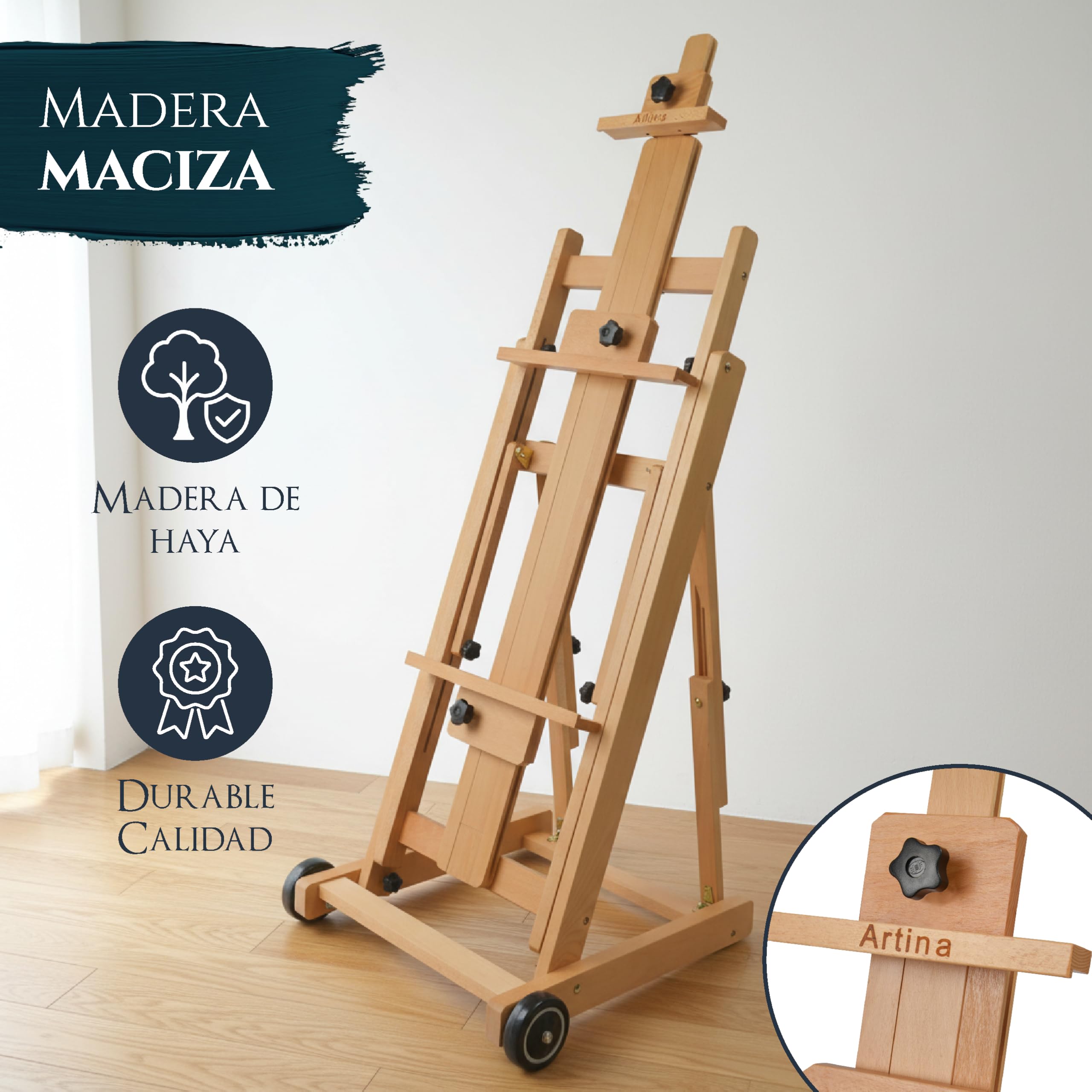 Artina caballete de pintura de estudio profesional Bordeaux – caballete plegable de madera de haya maciza - calidad profesional - transportable con ruedas | madera de haya profesional estudio caballete de alta calidad ángulo de inclinación burro Burdeos