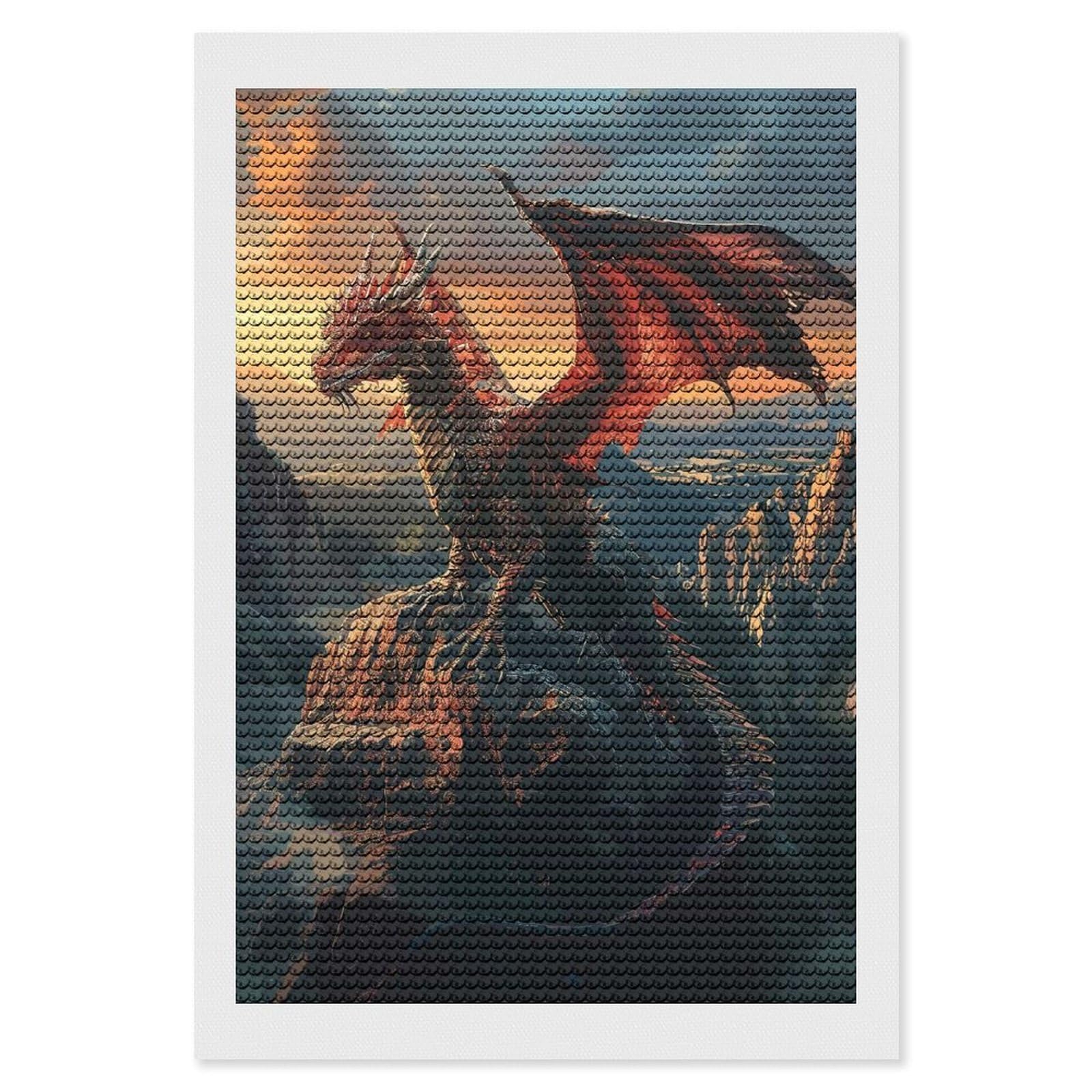 Junmoney Great Fantasy Dragon Diamond Art Kit 8"x12", Holiday Gift Idea, for Women, Easy Handmade Project, Vintage Style Decor, Printed Canvas