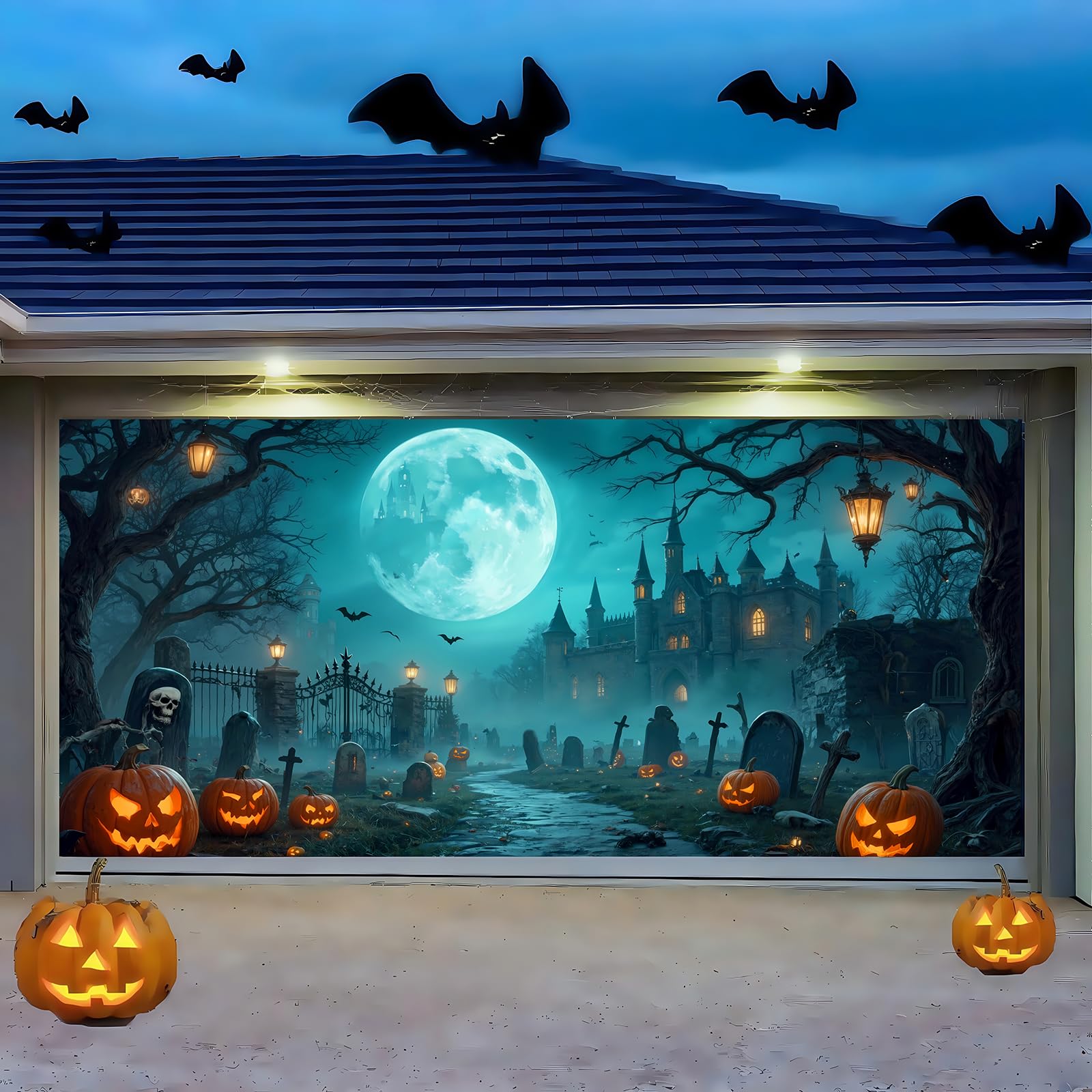 Halloween Garage Door Cover Banner, Large Hanging Backdrop Horror Haunted Halloween Garage Wall Decorations for Home Outdoor Indoor Holiday Party,Cemetery Castle,16X7FT