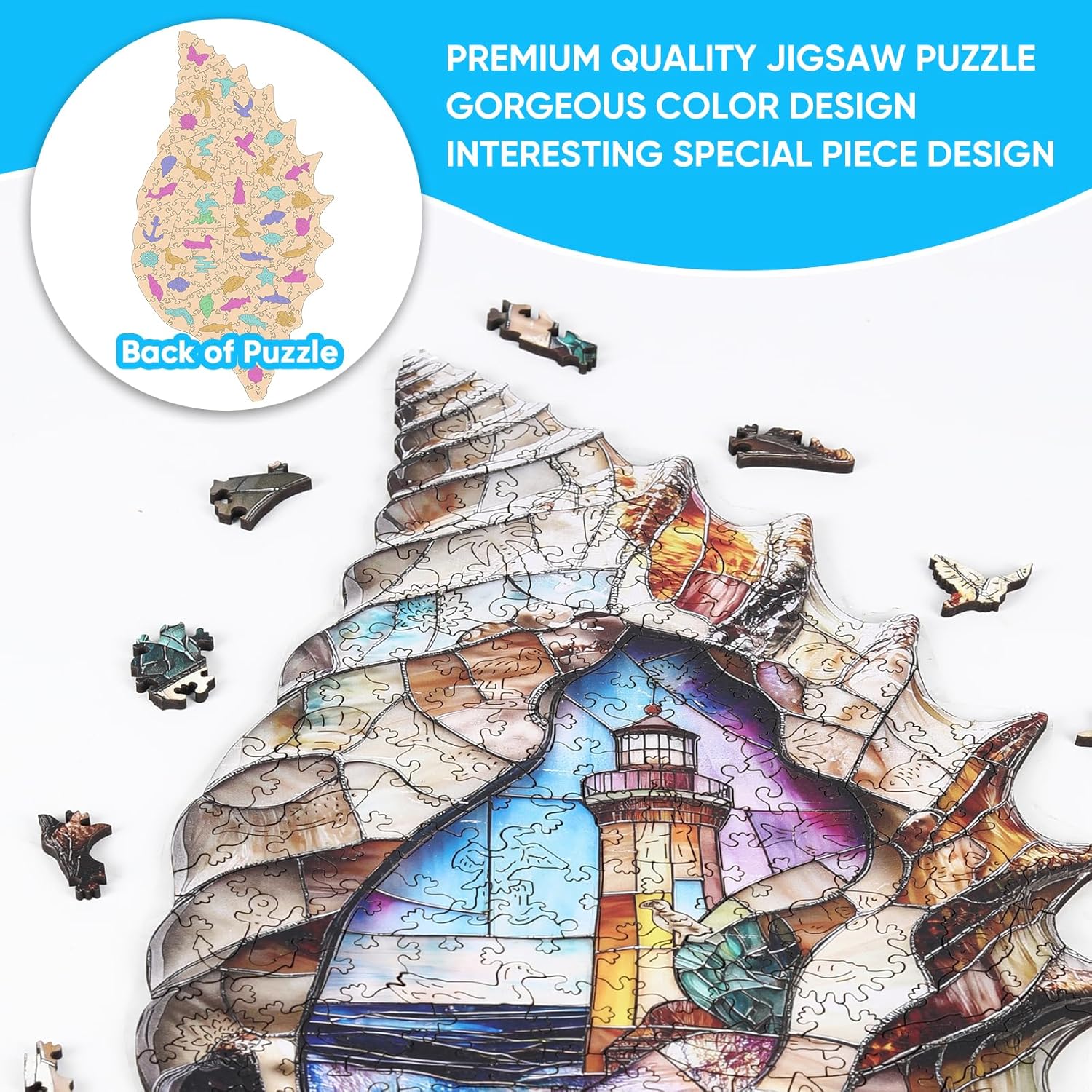 Delobil Wooden Puzzles, Shell Landscape Jigsaw Puzzles 500 Pieces, Unique Shaped Wooden Puzzle for Adults and Kids, Ghristmas Gift Family Game 23.2 x 13.2 Inch