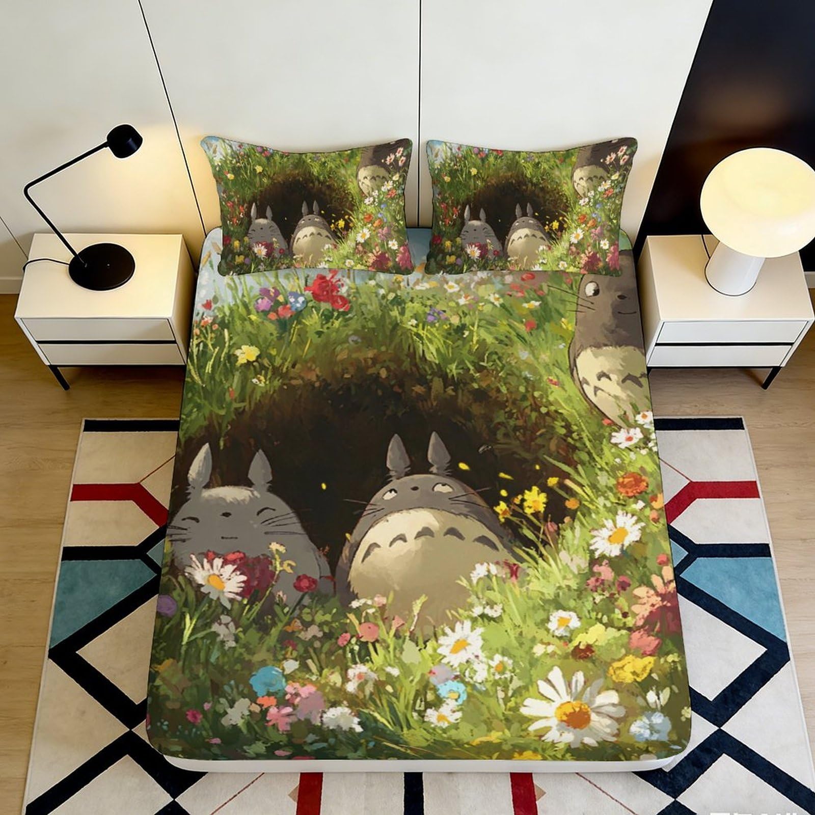 3D Printed Forest Totoro Fitted Sheet Microfiber Soft Breathable Meadow Bed Cover for Bedroom Dorm Rental Decor 90x200x25cm