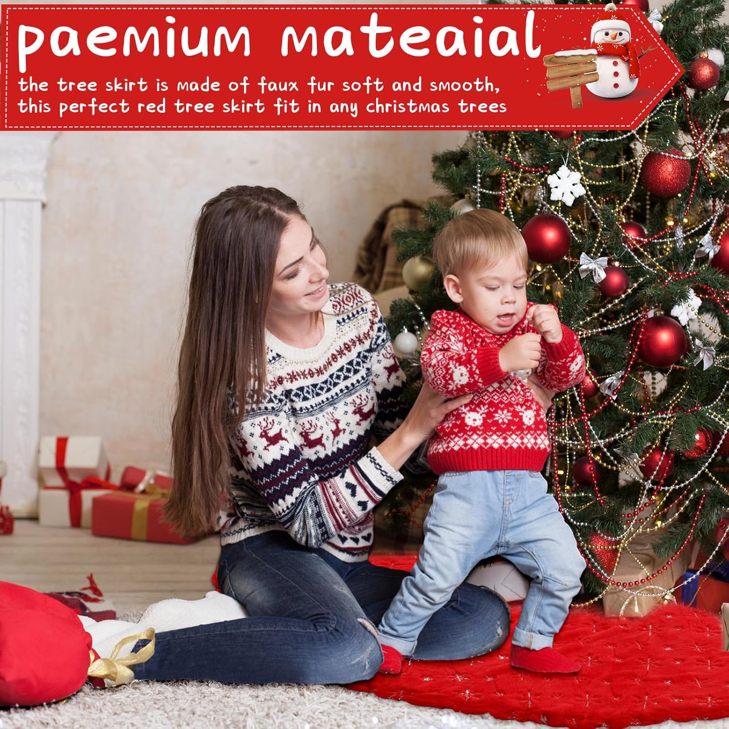 Libima 70 Inches Large Christmas Tree Skirt Faux Fur Red Xmas Tree Skirt Plush Velvet with Silver Sequins Snowflakes for Xmas Decorations Merry Christmas Party Winter Holiday Ornaments