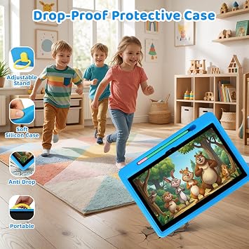 2026 Upgraded Android 16 Kids Tablet, 10 inch Tablet for Kids with 20GB RAM 64GB ROM 1TB Expand, 6000 mAh Battery, Parental Control, UKIDOZ Kids Space, Widevine L1 HD, Protective Case Pen(Blue)