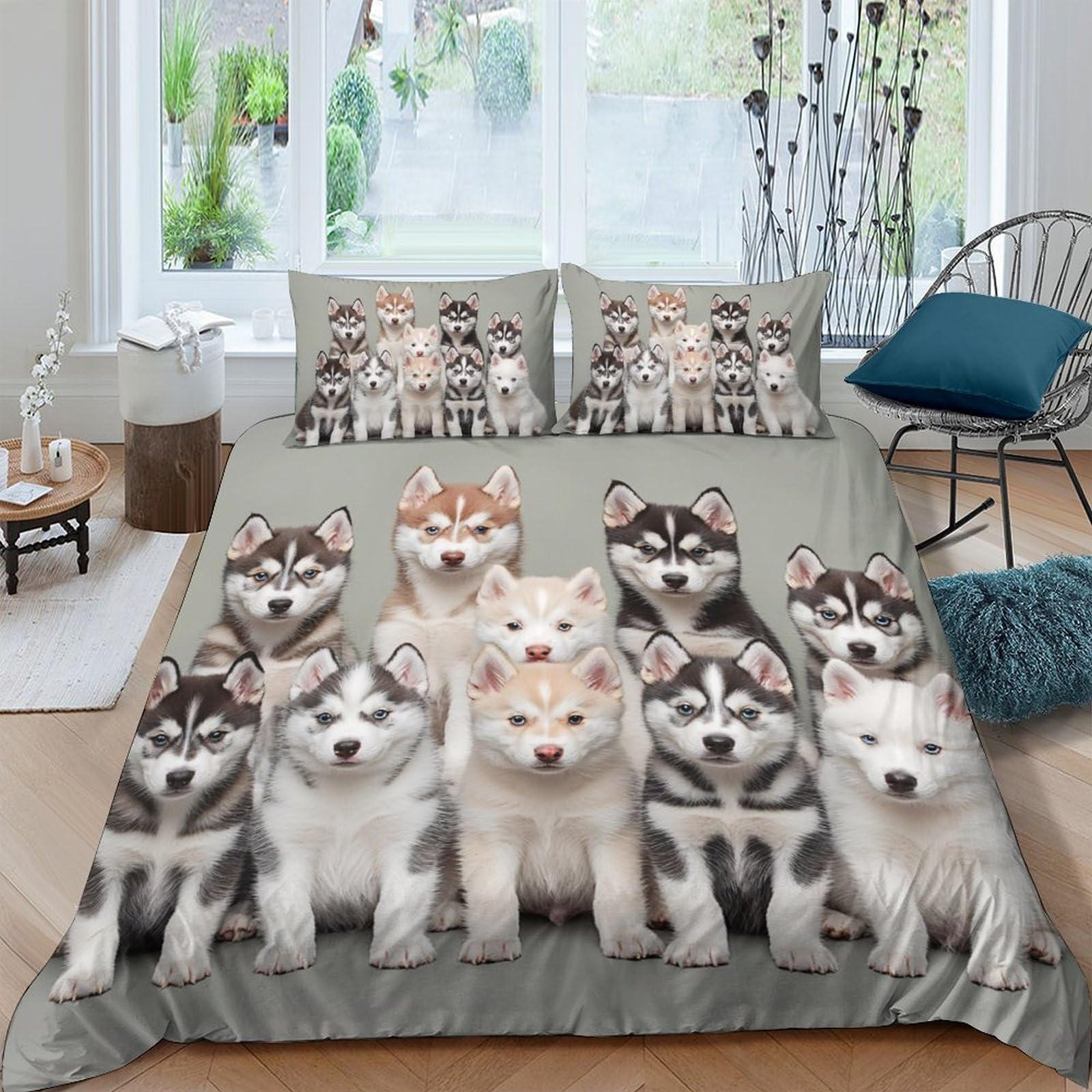 Ctjqhvkz Style-9 3D Printed Husky Puppy Fitted Sheet Microfiber Soft Grey Dog Pattern Bed Cover For Bedroom Guest Room Dorm Decor Single（135X200cm）