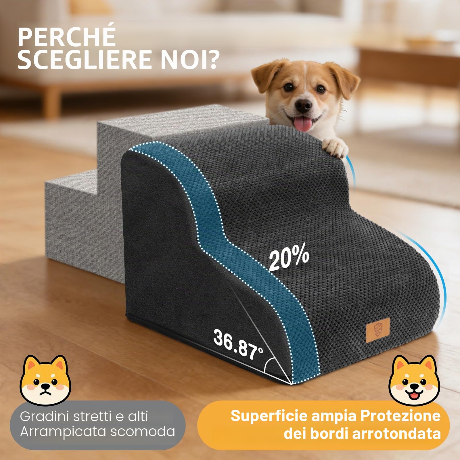Zvonema Scaletta per Cani 2 Gradini, Rampa per Cani Letto in Spugna, Scala Antiscivolo per Animal In Schiuma Ad Alta Densità, Gradini Antiscivolo per Cuccioli Gatti
