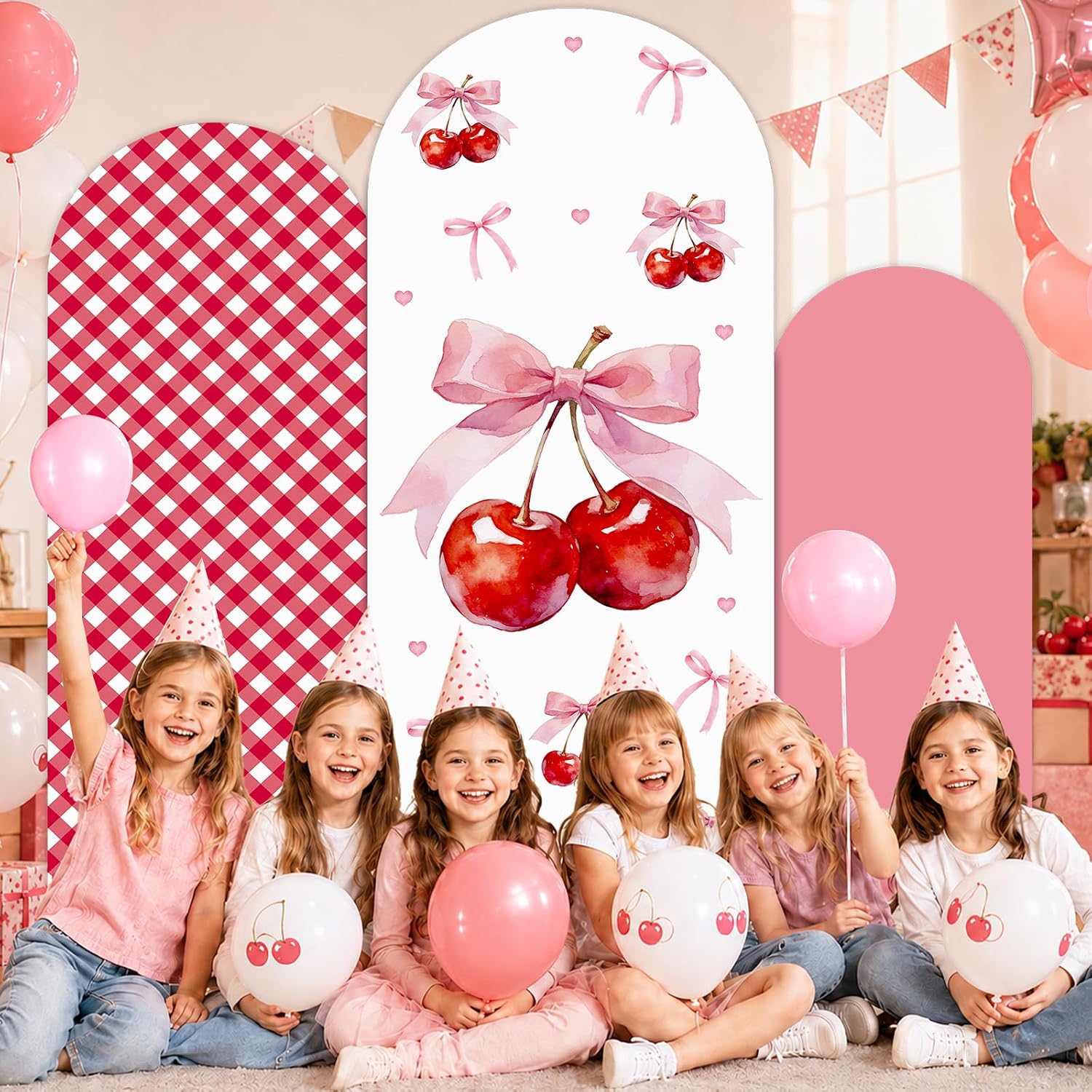 3PCS Cute Cherry Bow Arch Backdrop Cover Set Pink Bow Cherry Party Decor Pink Red Plaid Backdrop Stand Spandex Fitted Arch Cover for Baby Shower Gender Reveal Party Birthday Parties Decor 4ft 5ft 6ft