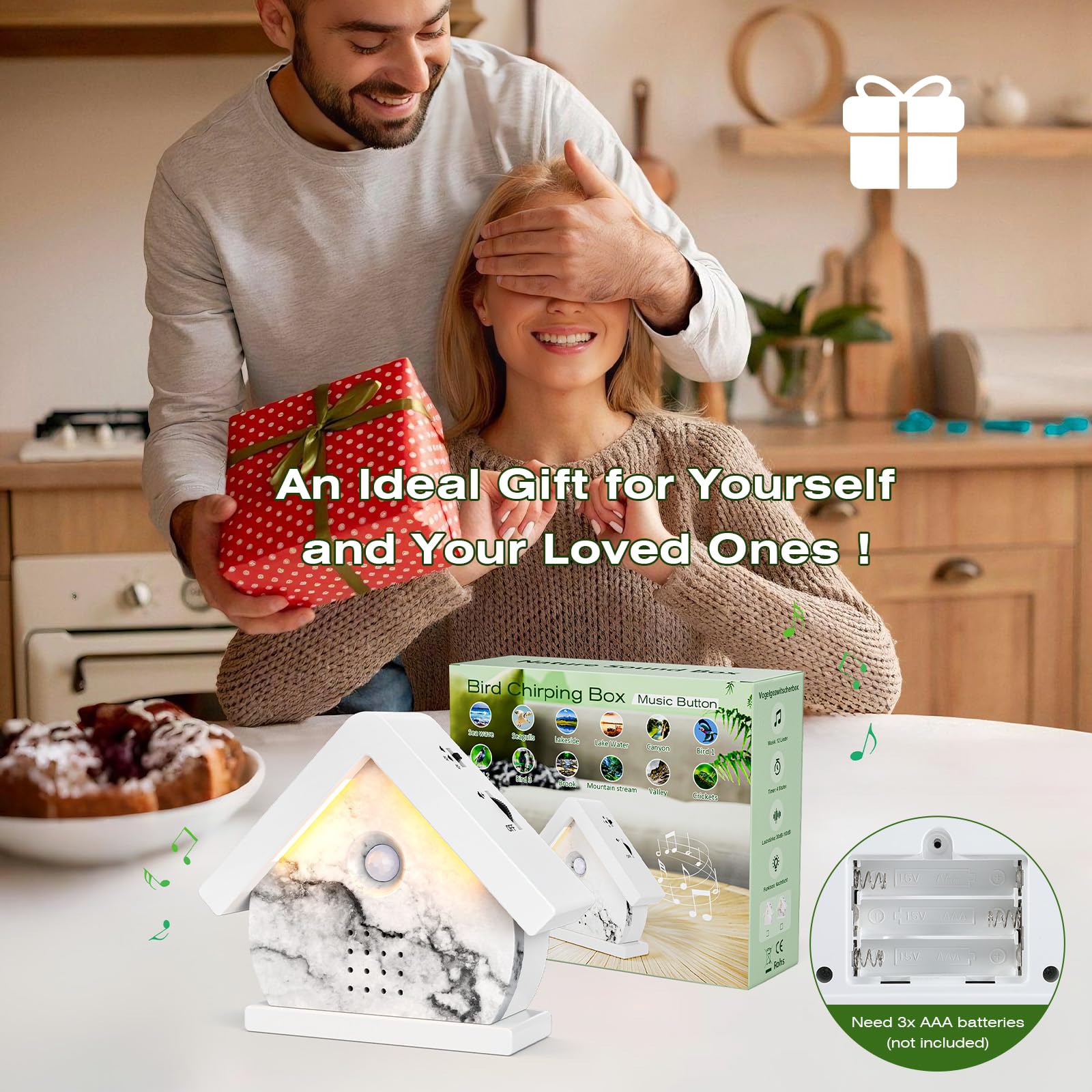 Caja de Pájaros Cantores con Sensor de Movimiento, Luces LED, Temporizador y 12 Canciones Relajantes. Caja de Pájaros Portátil con Sonido Relajante para Baño y Hogar, Adultos (White and Black)