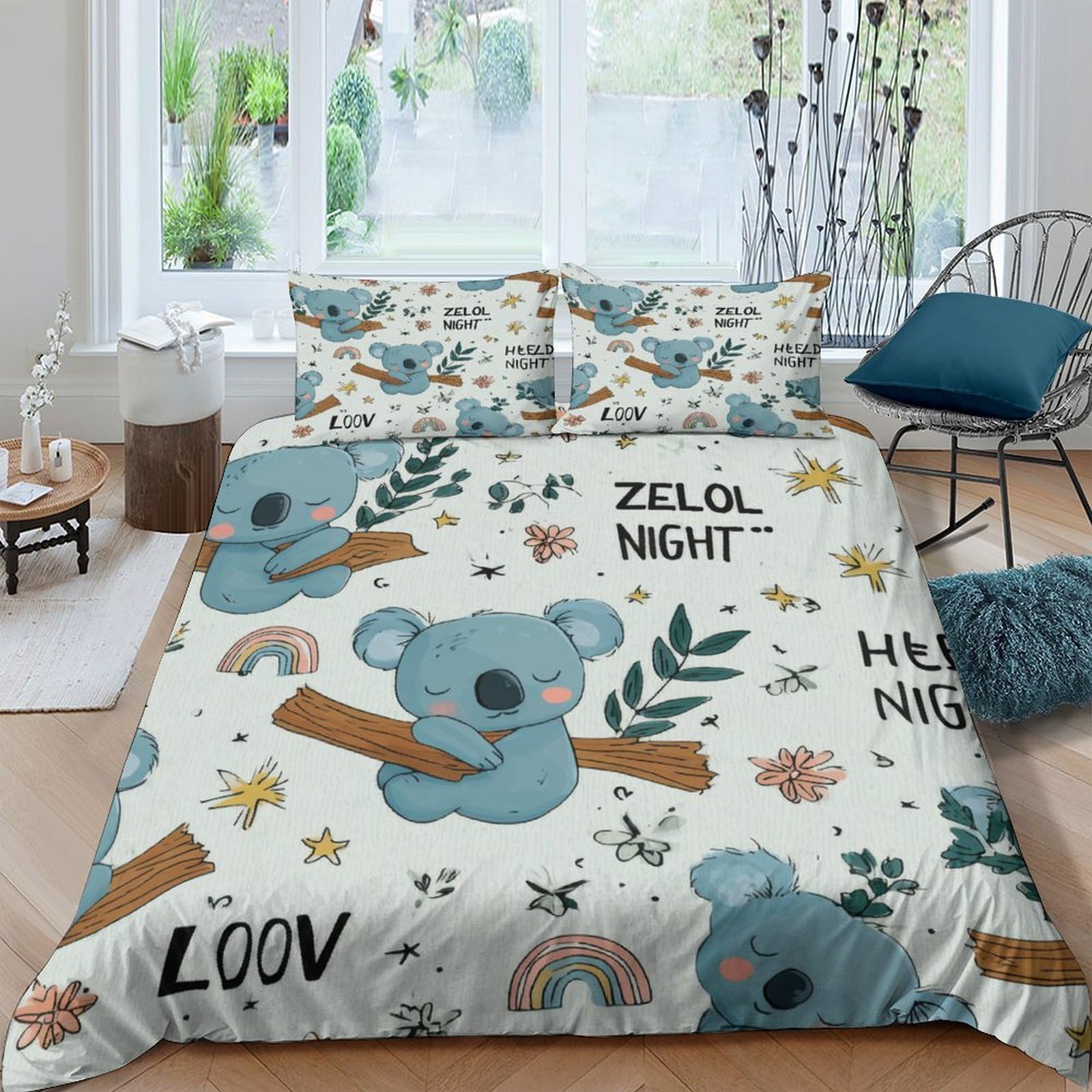 Ctjqhvkz Style-1 3D Printed Cute Koala Fitted Sheet Microfiber Soft Blue Cartoon Rainbow Mattress Cover For Bedroom Guest Room Dorm Decor Single（135X200cm）