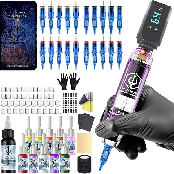 POSEIDON Wireless Rotary Tattoo Machine Kit with Complete Supplies