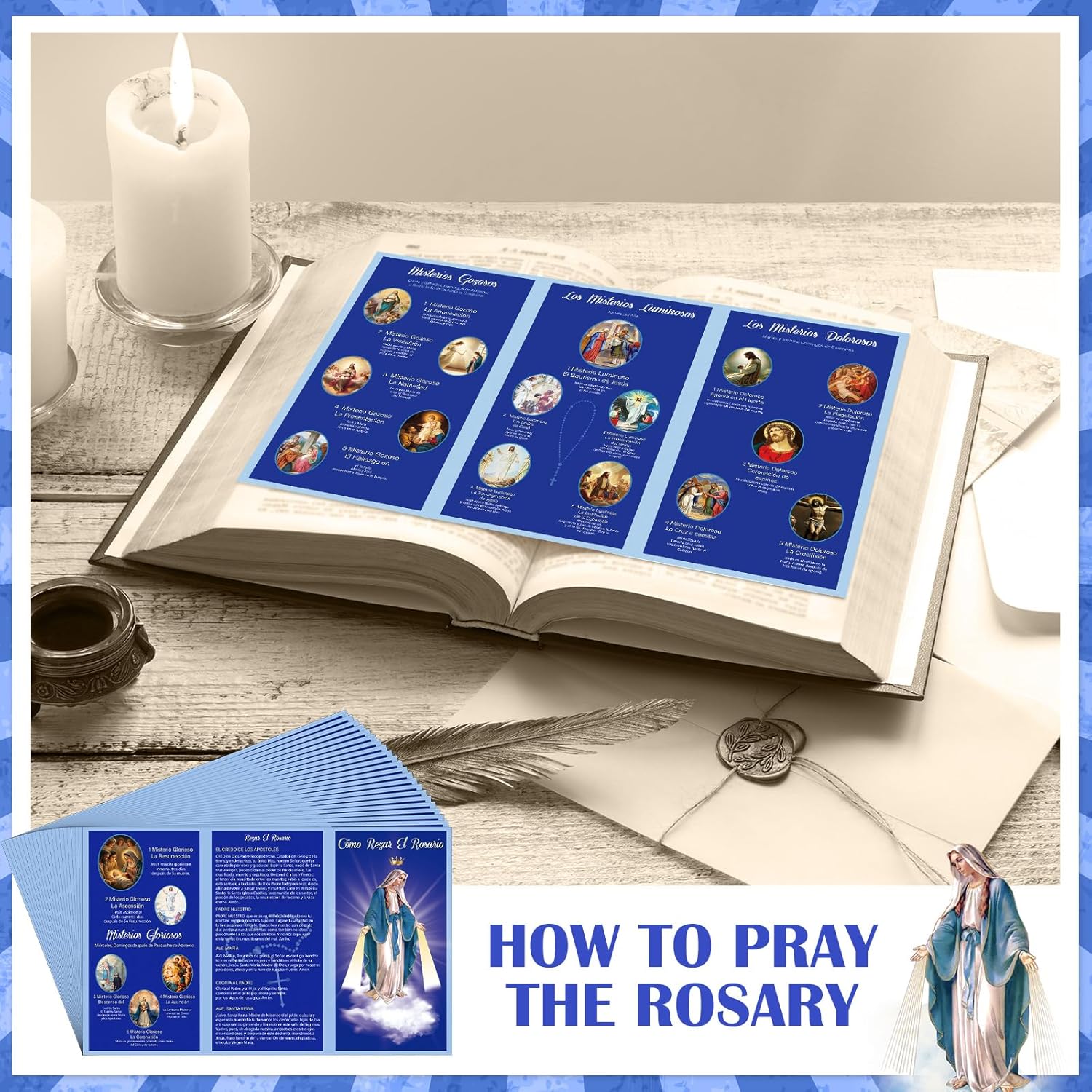 Motiskyy 50 Pcs Spanish How to Pray The Rosary Prayer Card Bulk 9.7 x 6 Inches Catholic Pamphlet Rosary Booklet for Beginner Sunday Learning, Spanish Language(Dark Blue)