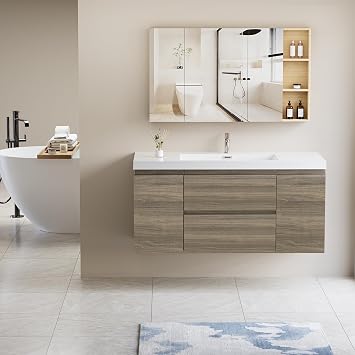Bathroom Vanity with Sink,Modern Floating Cabinet with Soft Close Door Drawers Walnut, 48 inches Bathroom Vanity with Single Sink