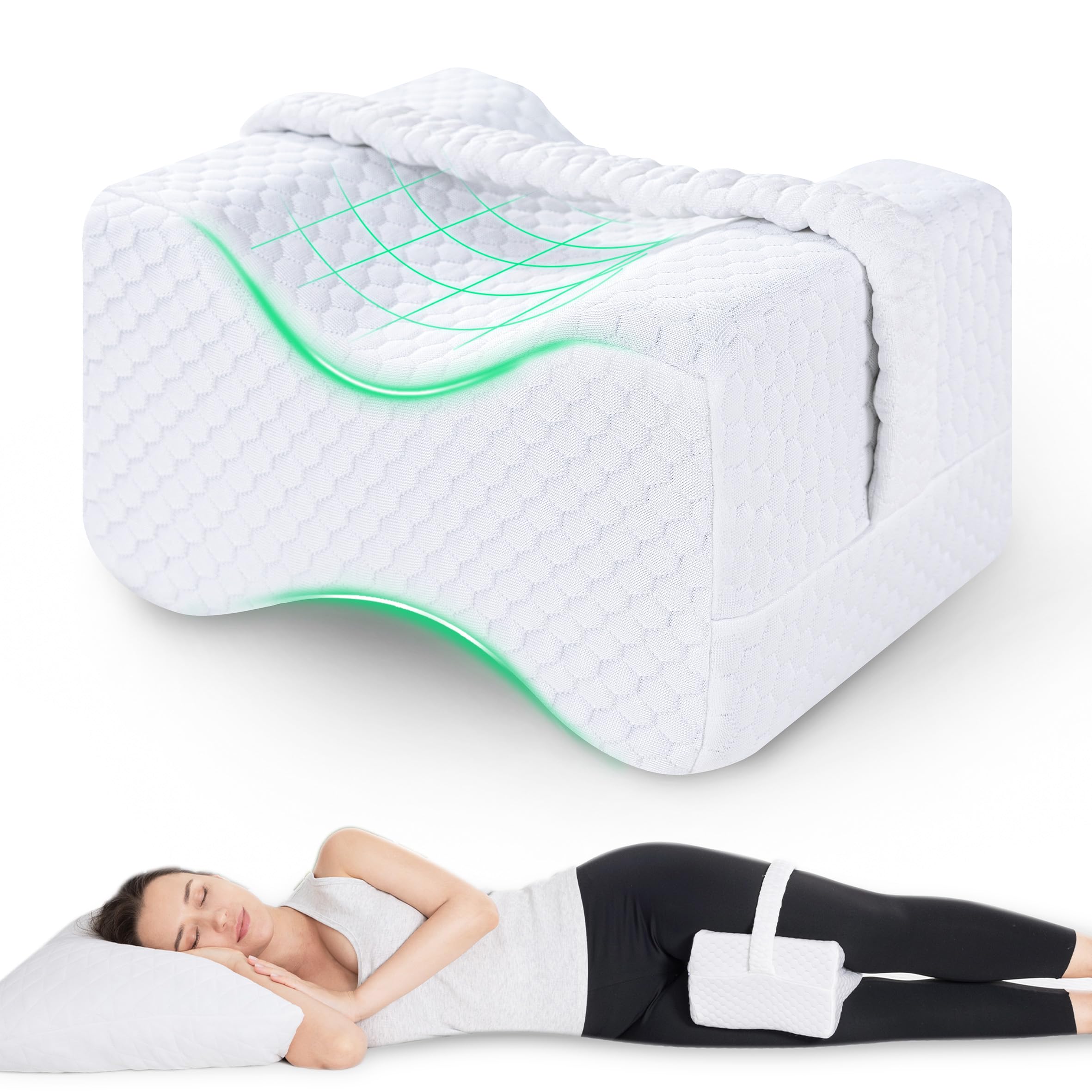 Kniekissen für Seitenschläfer mit Gurten, Holzkohle Memory Foam Bein & Knie Kissen für Hüftschmerzen, Rückenschmerzen, Ischias Schmerzlinderung, Schwangerschaft, Kniestützkissen zum