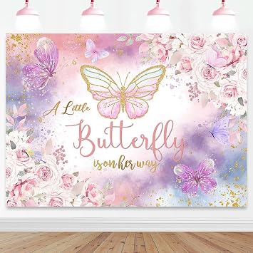 Mocsicka 7x5ft Butterfly Baby Shower Backdrop - Pink Purple Floral A Little Butterfly is On Her Way Girl Baby Shower Background Decorations