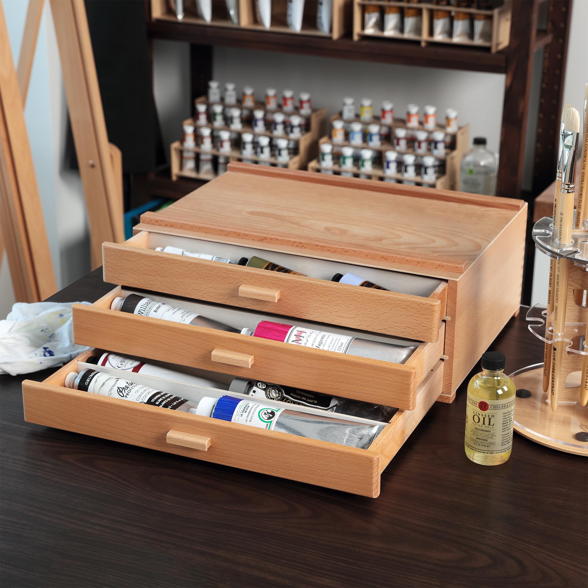 HG Art Concepts Skrzynie do przechowywania dla artystów, Deluxe 3 szuflady, 2 sztuki, estetyczny organizer studyjny na tuby z farbą, pędzle, ołówki, markery i nie tylko