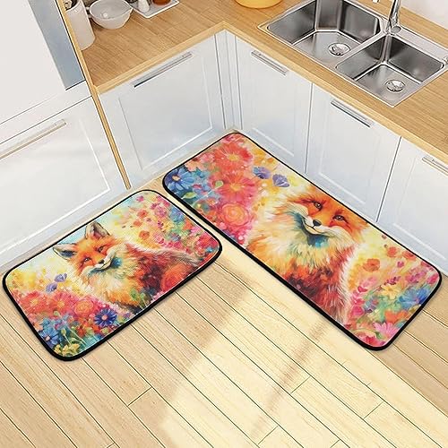 Miniatura 2 de Kitchen Mats for Floor 2 Piece Set Painting Fox Field Print, Anti Skid Cushioned Water Absorbent Kitchen Rugs Door Mat Floor Mats for Kitchen Sink