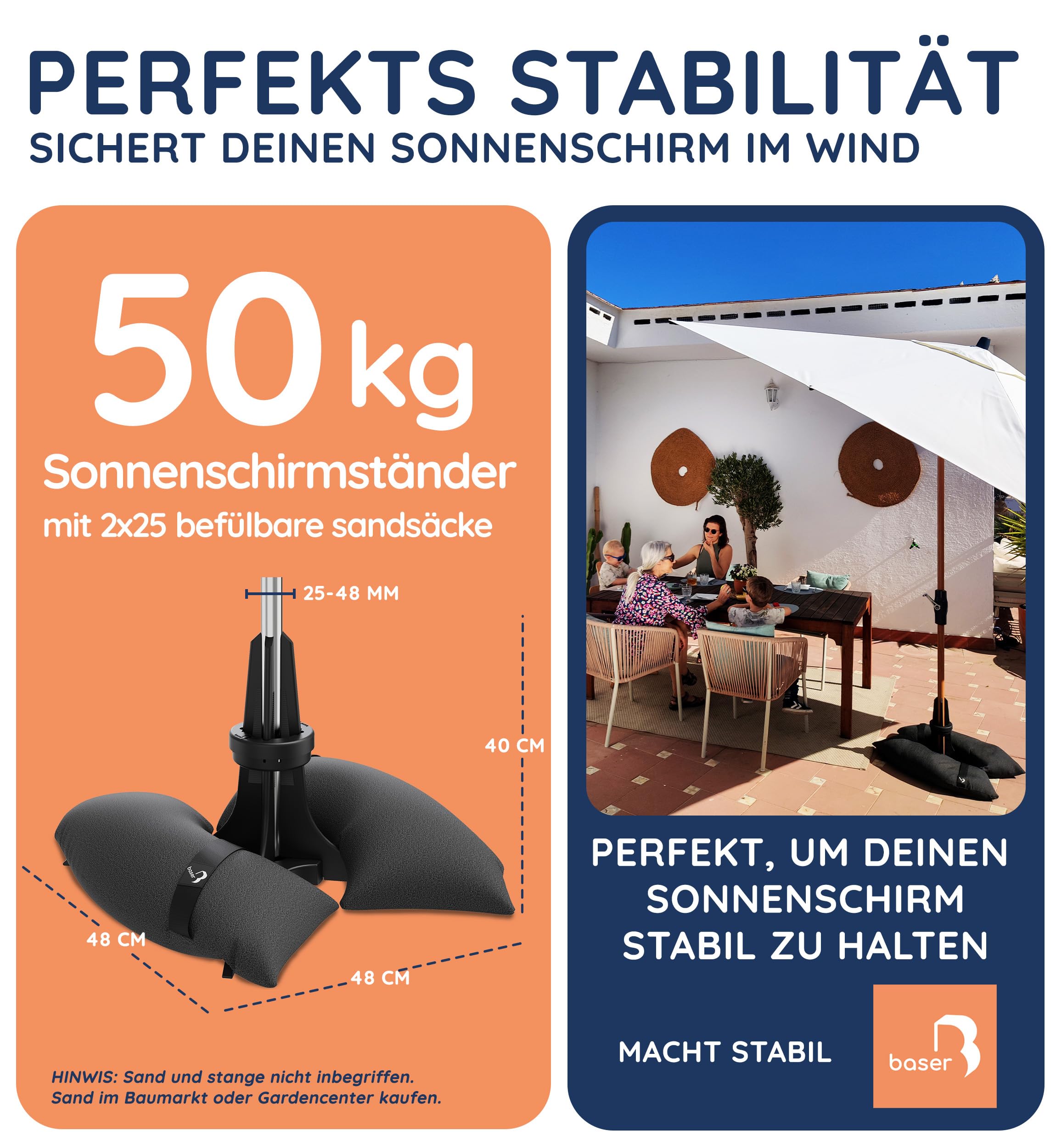 Baser Original Sonnenschirmständer mit Befüllbaren Sandsäcken, Flexibler Schirmhalter für 25-48mm Rohre, Patentiertes System, Wetterfestes Recyceltes Material | Sonnenschirmständer Befüllbar, Wetterfestes Recyclingmaterial, Flexibler Schirmhalter, Für Gar