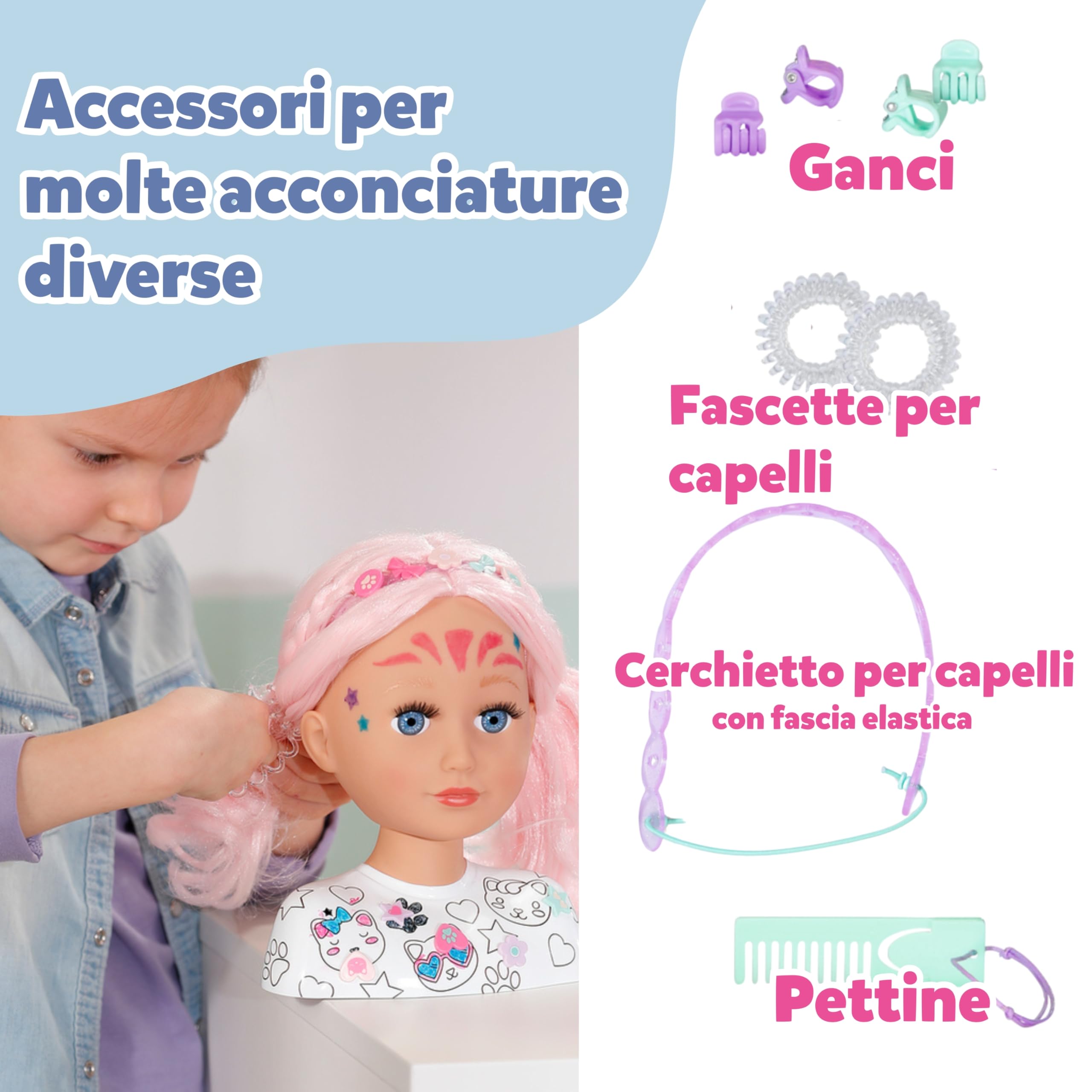 BABY born Testa Creative – Con capelli rosa, pennarelli e oltre 20 accessori - Testa da truccare e pettinare - Dai 3 anni in su