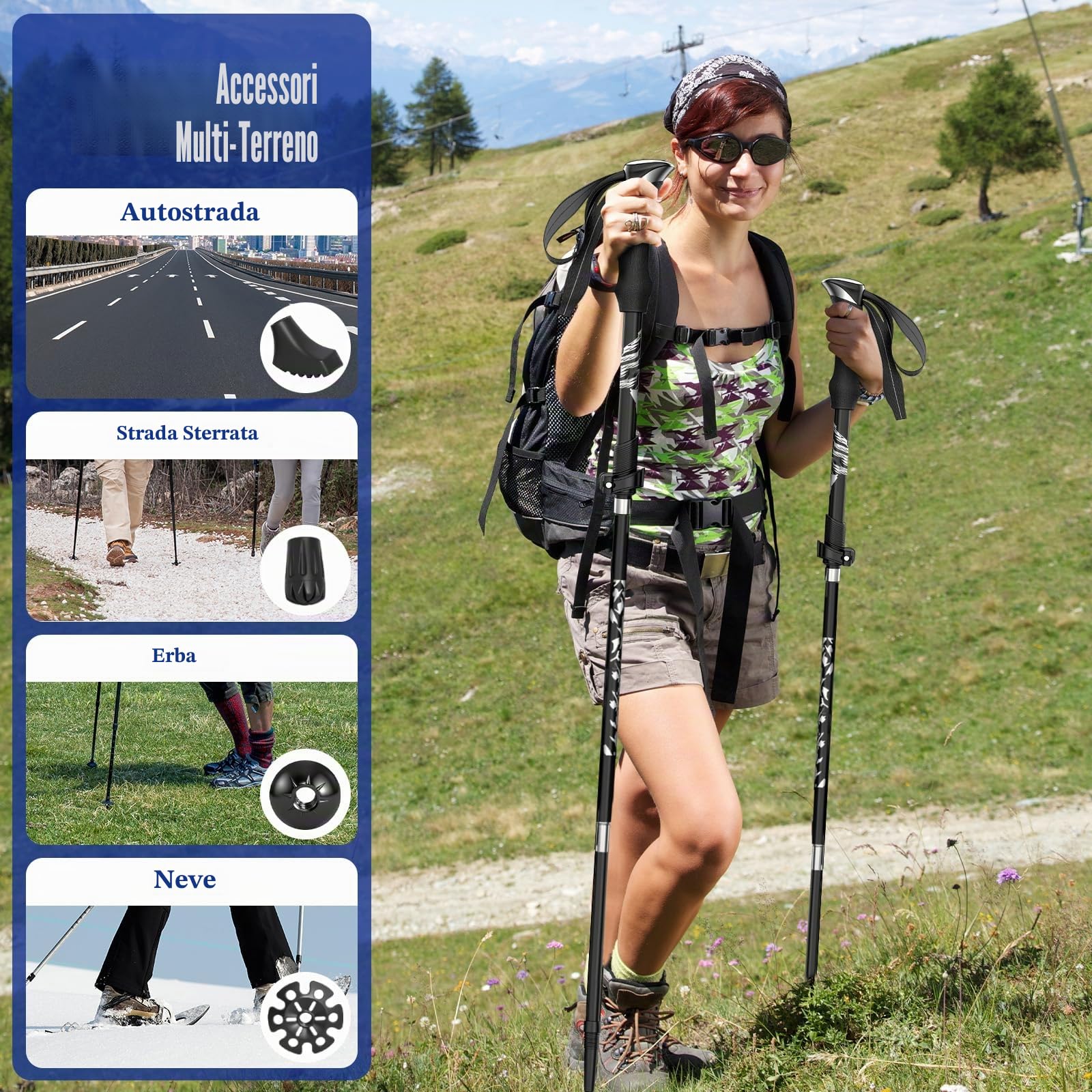 2 Pezzi Bastoncini Trekking Pieghevoli, Bastoni Trekking in Alluminio, Regolabili 110-130cm, Bastoncini Nordic Walking con 4 Paia di Puntali in Gomma, per Montagna, Escursioni, Sci