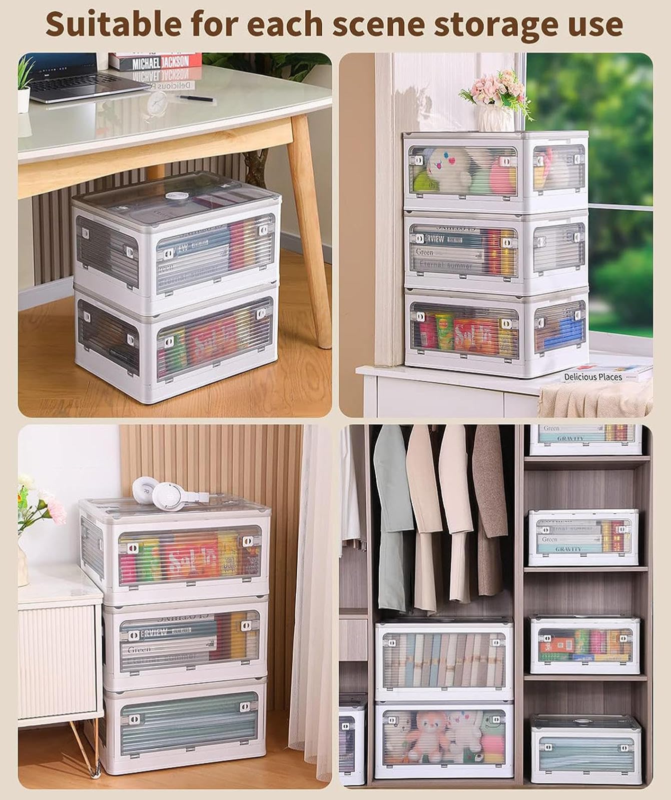 VIDECOR Zusammenklappbare 11-Gal-Aufbewahrungsbehälter mit Deckel, Stapelbare Organizer, Große Faltboxen mit Rädern, Ordentliche Aufbewahrung zu Hause (3er-Pack),21GAL