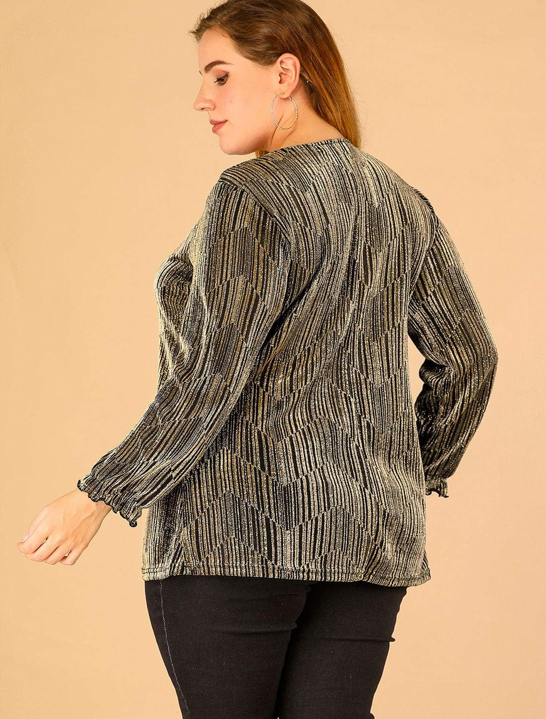 Agnes Orinda Women's Plus Size Top Metallic Party Glitter Long Sleeve Shiny Disco Sparkle Tops