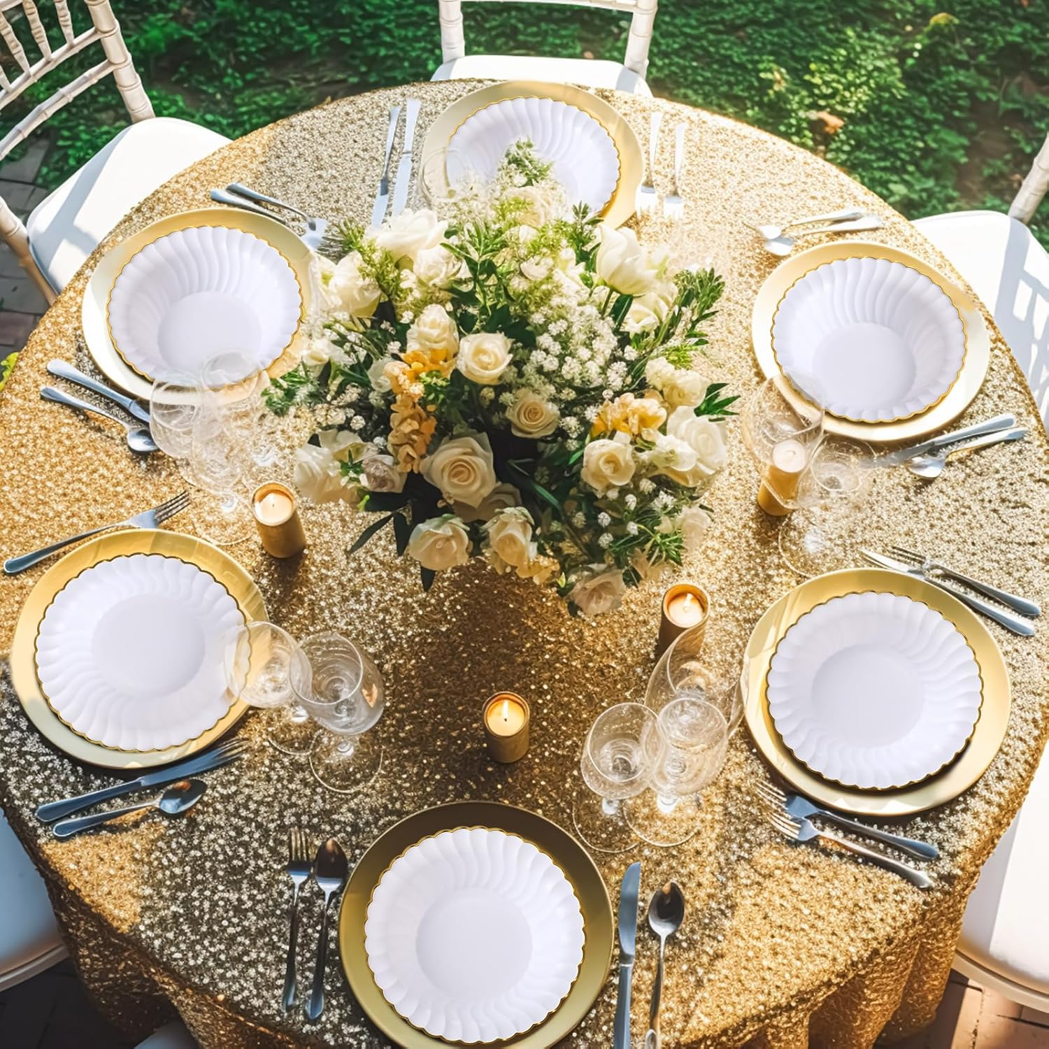 100 Pack 12oz White and Gold Plastic Bowls, Disposable Dessert Salad Soup Scalloped Bowls for Christmas, Thanksgiving, Birthday, Wedding, Catering and Everyday Use