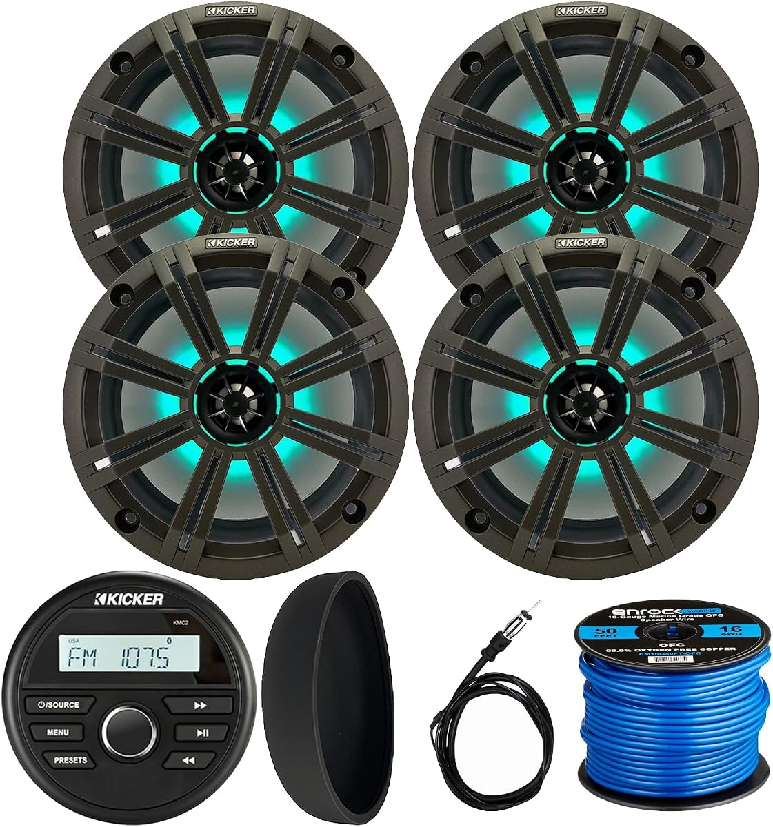 KICKER 46KMC2 Marine Bluetooth para todo clima AM/FM USB/AUX Receptor de centro multimedia estilo calibre con cubierta negra, 4 altavoces LED RGB de 8 300 W de potencia máxima para barco con rejilla de carbón, antena de radio, cable de altavoz