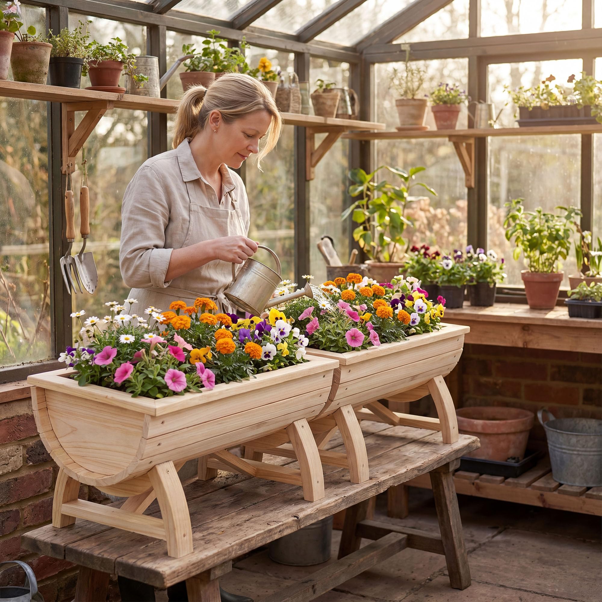 GOPLUS Blumenkasten 2er Set, Hochbeet aus Holz, Pflanzkasten mit Entwässerungsloch & Beinen, halbes Blumenfass für Gemüse, Kräuter, Obst, Outdoor Gartendeko, Blumentopf Blumenbeet für Garten & Balkon