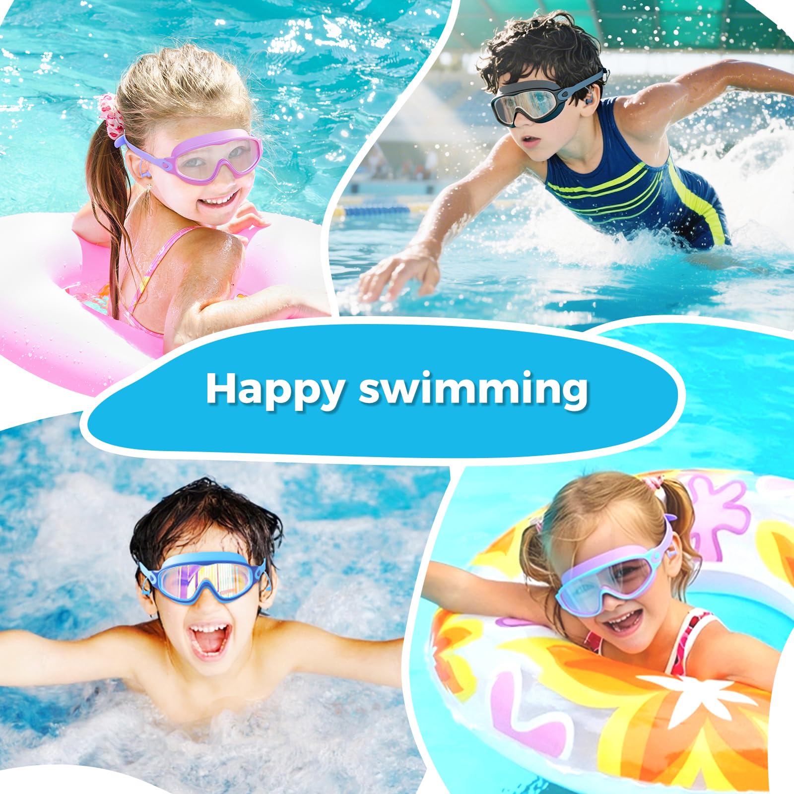 Schwimmbrille, Kinderbrille mit Ohrstöpseln, großer Rahmen, Anti-Beschlag/UV-Weitsicht, Schwimmbrille für Jungen und Mädchen, 3 Stück