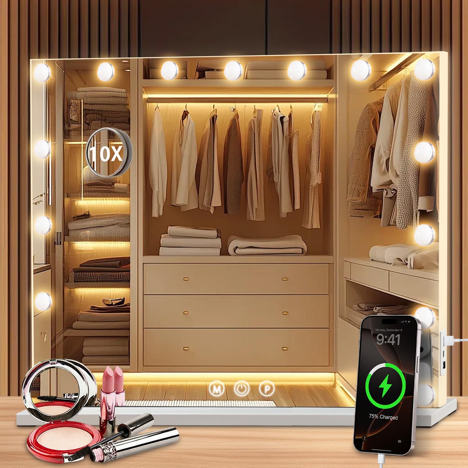 Miroir Coiffeuse de Maquillage 58×46 cm, LED 15  Lampes Super HD Makeup Mirror Hollywood avec Grossissement ×10, 3 Couleurs de Lumière Intensité Réglable, Port USB–pour Femmes et Filles