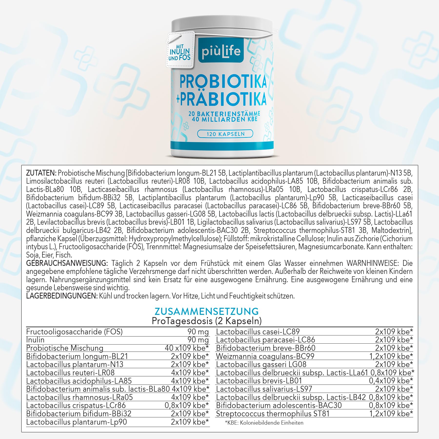 Probiotika & Präbiotika + Inulin & FOS PiùLife – 240 Darmbakterien Kapseln | 40 Mrd. KBE aus 20 Bakterienstämmen – Lactobacillus und Bifidobakterien – Nahrungsergänzungsmittel Darmbakterien Probiotika