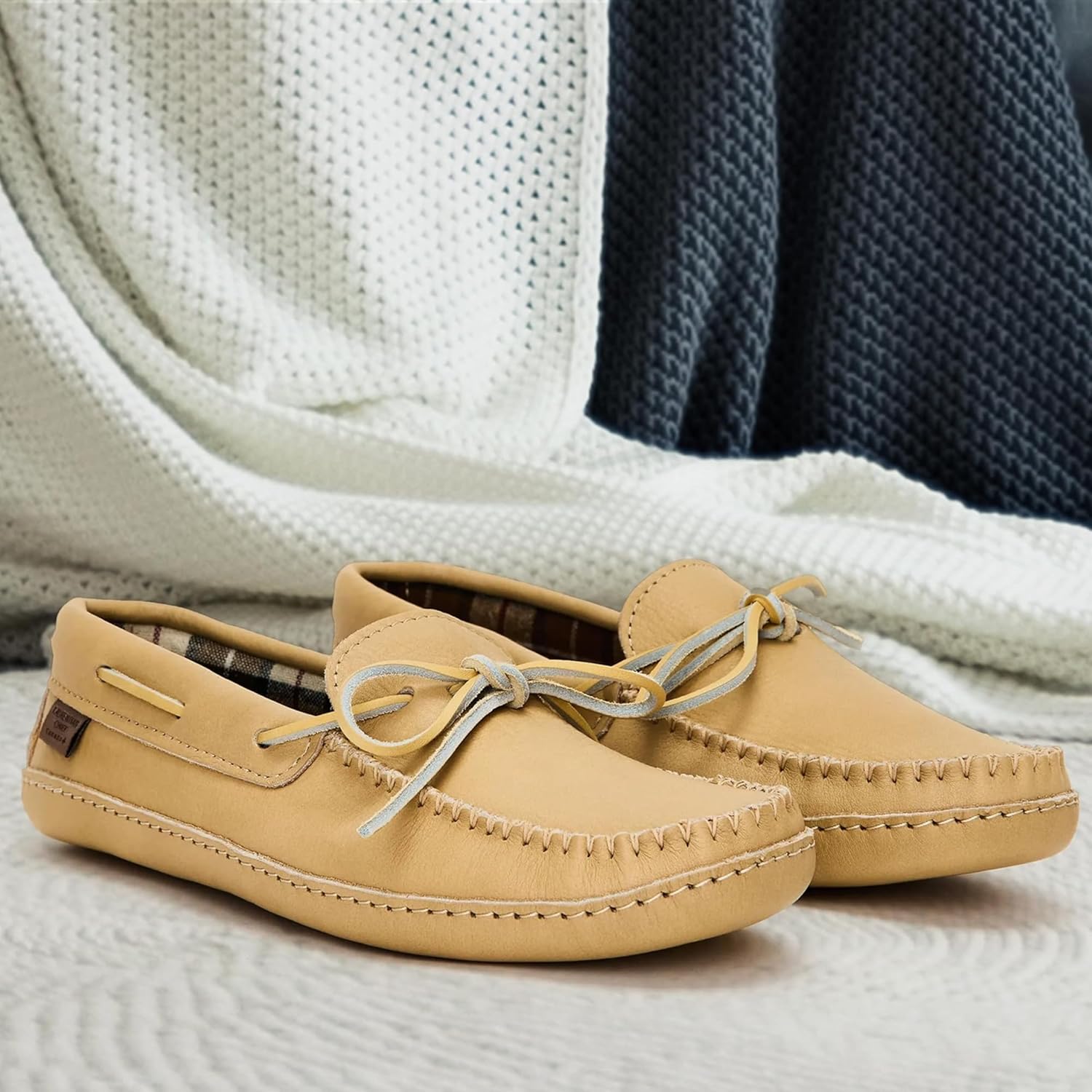 Laurentian Chief Leather Moccasins for Men – Stylish Mens Moccasin Slippers with Plaid Insole Lining, Comfortable Indoor Shoes, Single Lacing, Durable Leather Sole, Made in Canada - Image 6